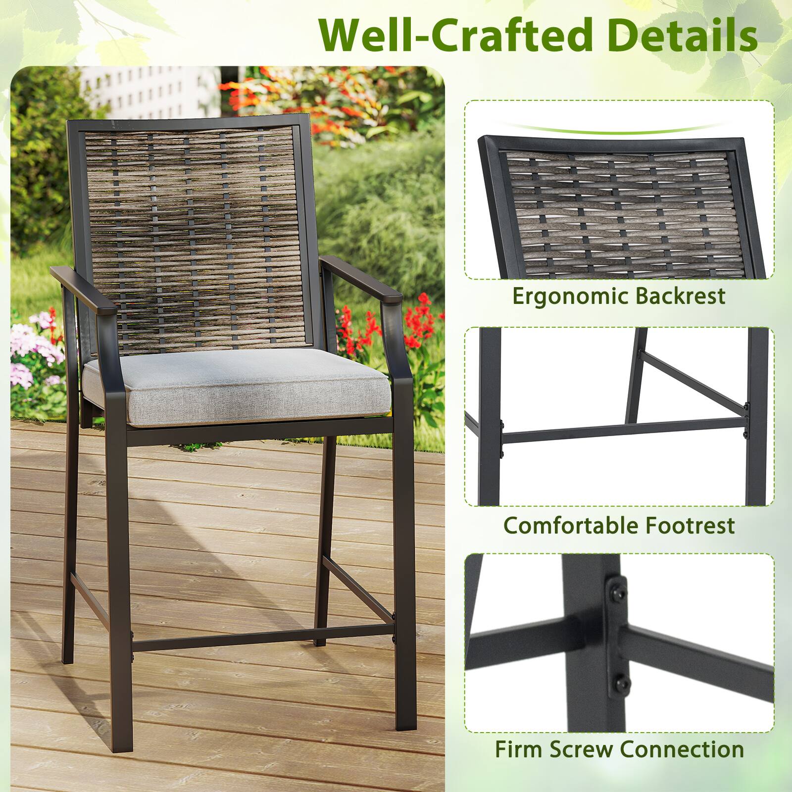 The text in the image can be grouped and corrected as follows:

- **Well-Crafted Details**
  - **Ergonomic Backrest**
  - **Comfortable Footrest**
  - **Firm Screw Connection**