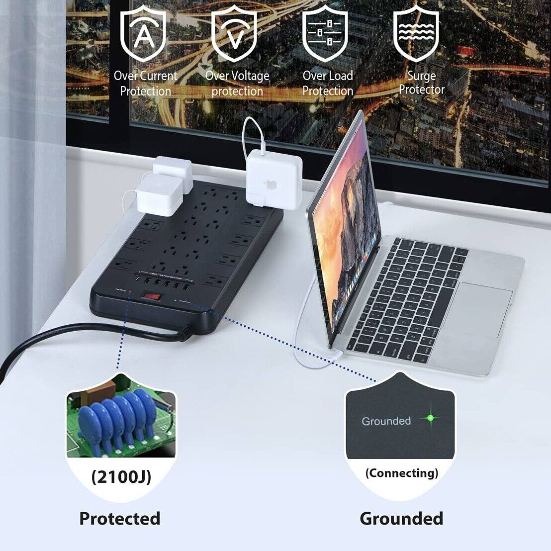A V  
0 0  
Over Current Protection  
Over Voltage Protection  
Over Load Protection  
Surge Protector  
- I Grounded (2100J) (Connecting) Protected Grounded