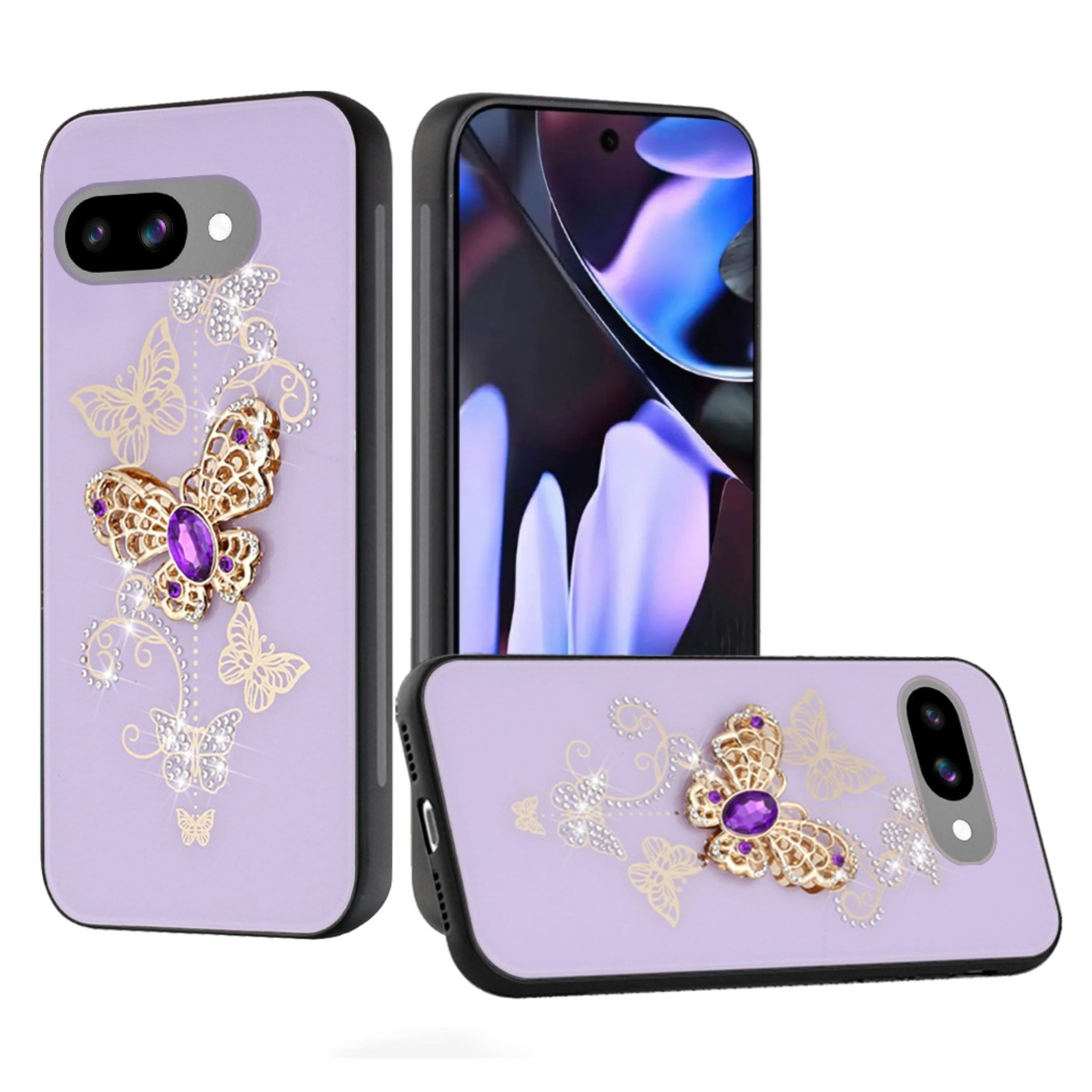 Kitcheniva - Butterfly Rhinestone Bling Glitter Design Phone Case With Tempered Glass For Google Pixel 9a - Purple price history on PriceWatchPro