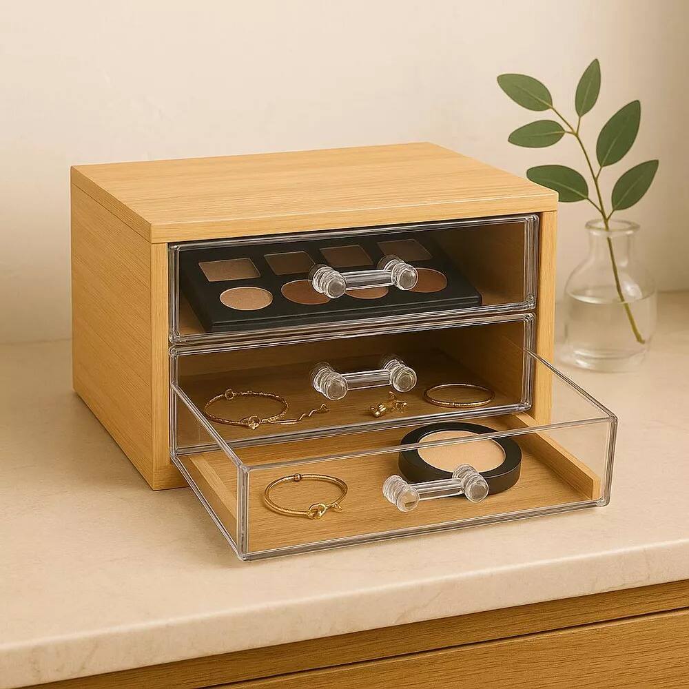 Left. Elle - Compact Bamboo Makeup & Jewelry Organizer with 2‑Tier Clear Acrylic Drawers, Nonslip Storage Box for Beauty Accessories - Clear/Natural Bamboo.