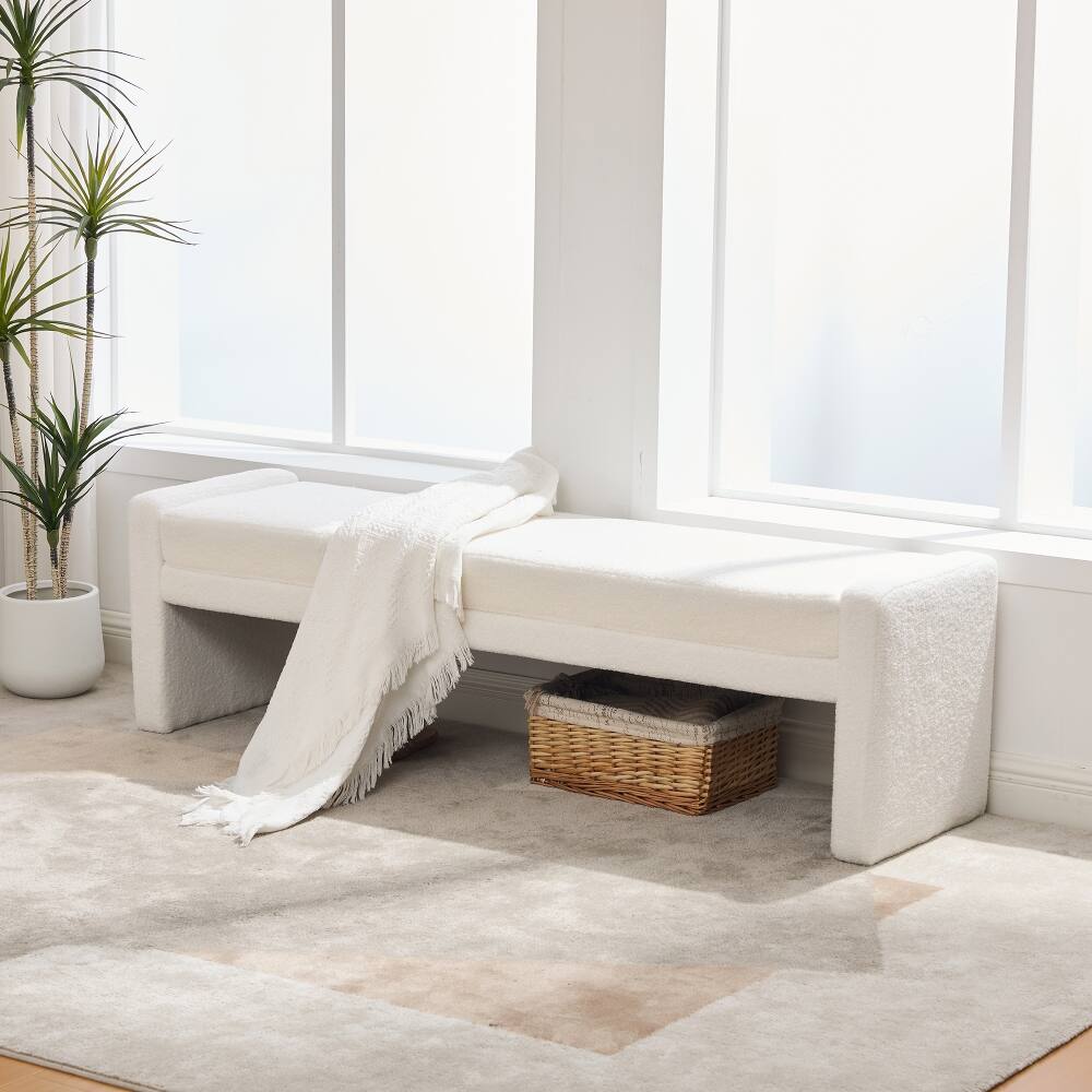 Front. Ropilly - Ropilly 66.9in Ivory End of Bed Bench Modern Upholstered Entryway Bench Oversized Teddy Fabric Window Bench - Ivory.