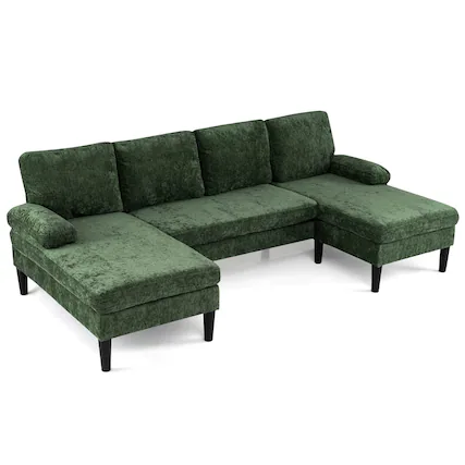 Front. Costway - Costway Sectional Couch, Chenille Upholstered Sofa Couch with Double Chaise for Home Office - Green.