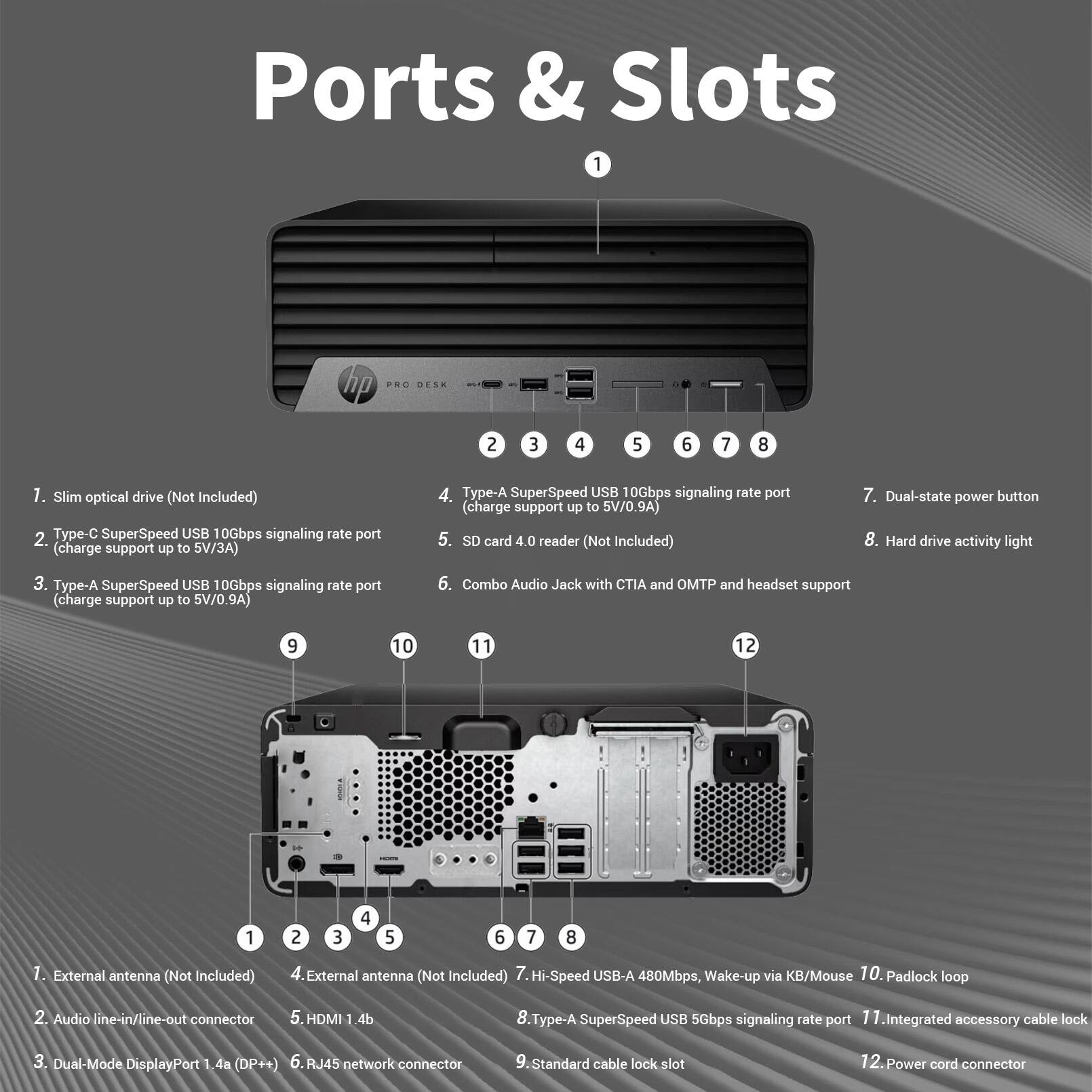 Ports & Slots

1. Slim optical drive (Not Included)
2. Type-C SuperSpeed USB 10Gbps signaling rate port (charge support up to 5V/3A)
3. Type-A SuperSpeed USB 10Gbps signaling rate port (charge support up to 5V/0.9A)
4. Type-A SuperSpeed USB 10Gbps signaling rate port (charge support up to 5V/0.9A)
5. SD card 4.0 reader (Not Included)
6. Combo Audio Jack with CTIA and OMTP and headset support
7. Dual-state power button
8. Hard drive activity light
9. External antenna (Not Included)
10. External antenna (Not Included)
11. Hi-Speed USB-A 480Mbps, Wake-up via KB/Mouse
12. Padlock loop
13. Audio line-in/line-out connector
14. HDMI 1.4b
15. Dual-Mode DisplayPort 1.4a (DP++)
16. RJ45 network connector
17. Standard cable lock slot
18. Power cord connector