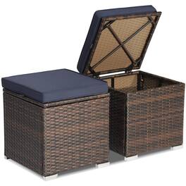 Costway - 2PCS Patio Rattan Ottomans Seat Side Table Storage Box Footstool with Cushions - Navy + Mix Brown