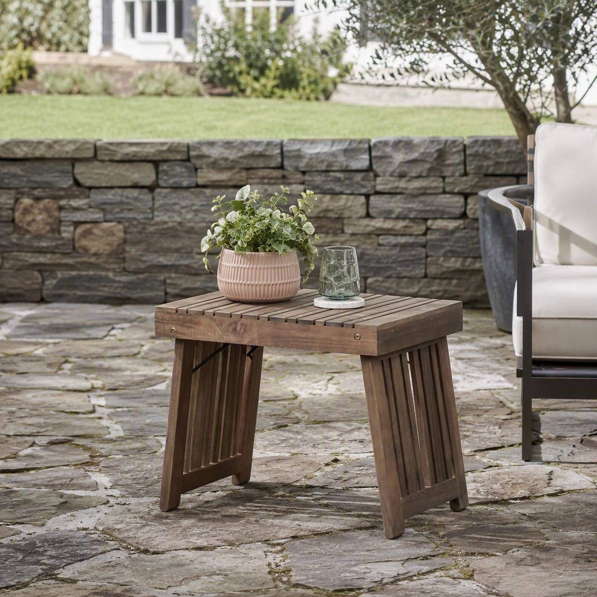 Angle. RYHNUYNE - Solid Wood Outdoor Side Table, Grey Brown Slatted Patio End Table for Garden Backyard Porch Balcony - Grey.