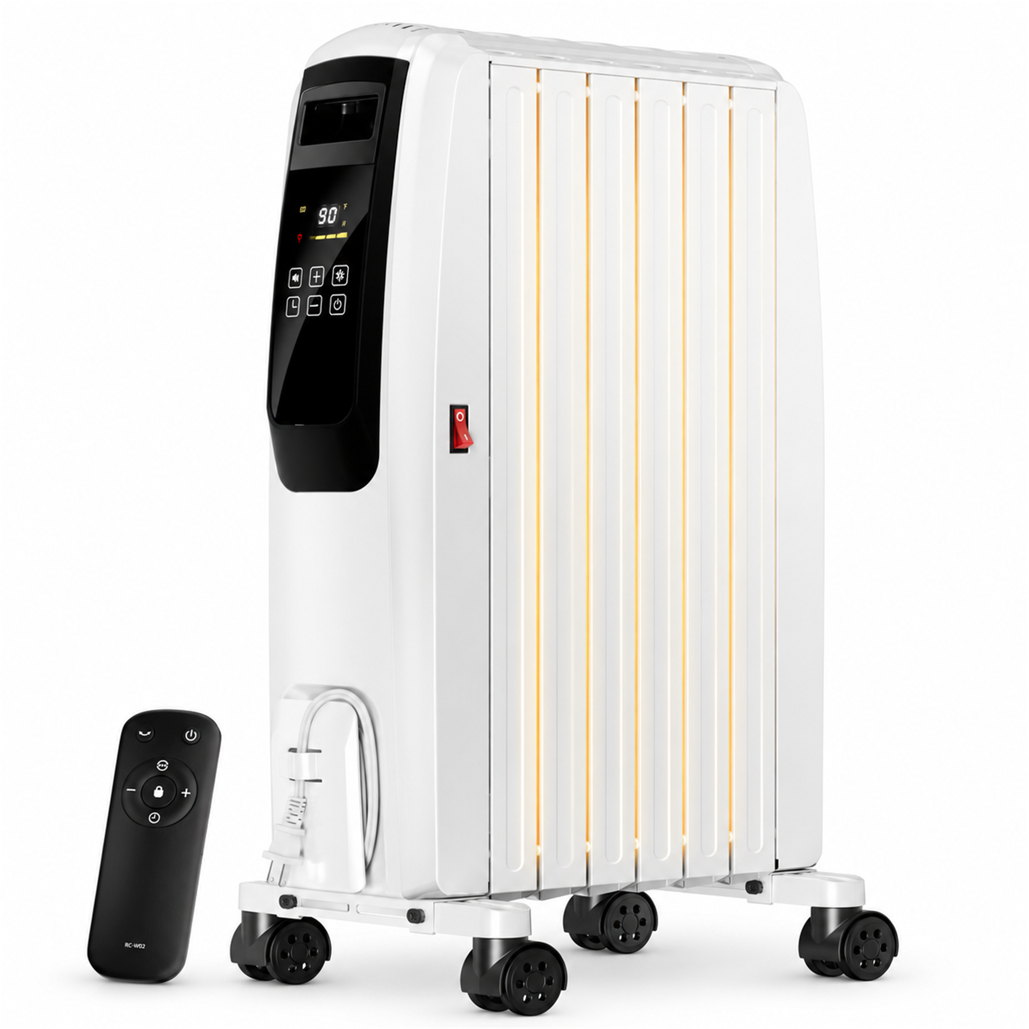 Mountman - Oil Filled Radiator Heater 1500W, Portable, Remote, 24H Timer, Retractable Casters, Overheat & Tip-Over Safety - White