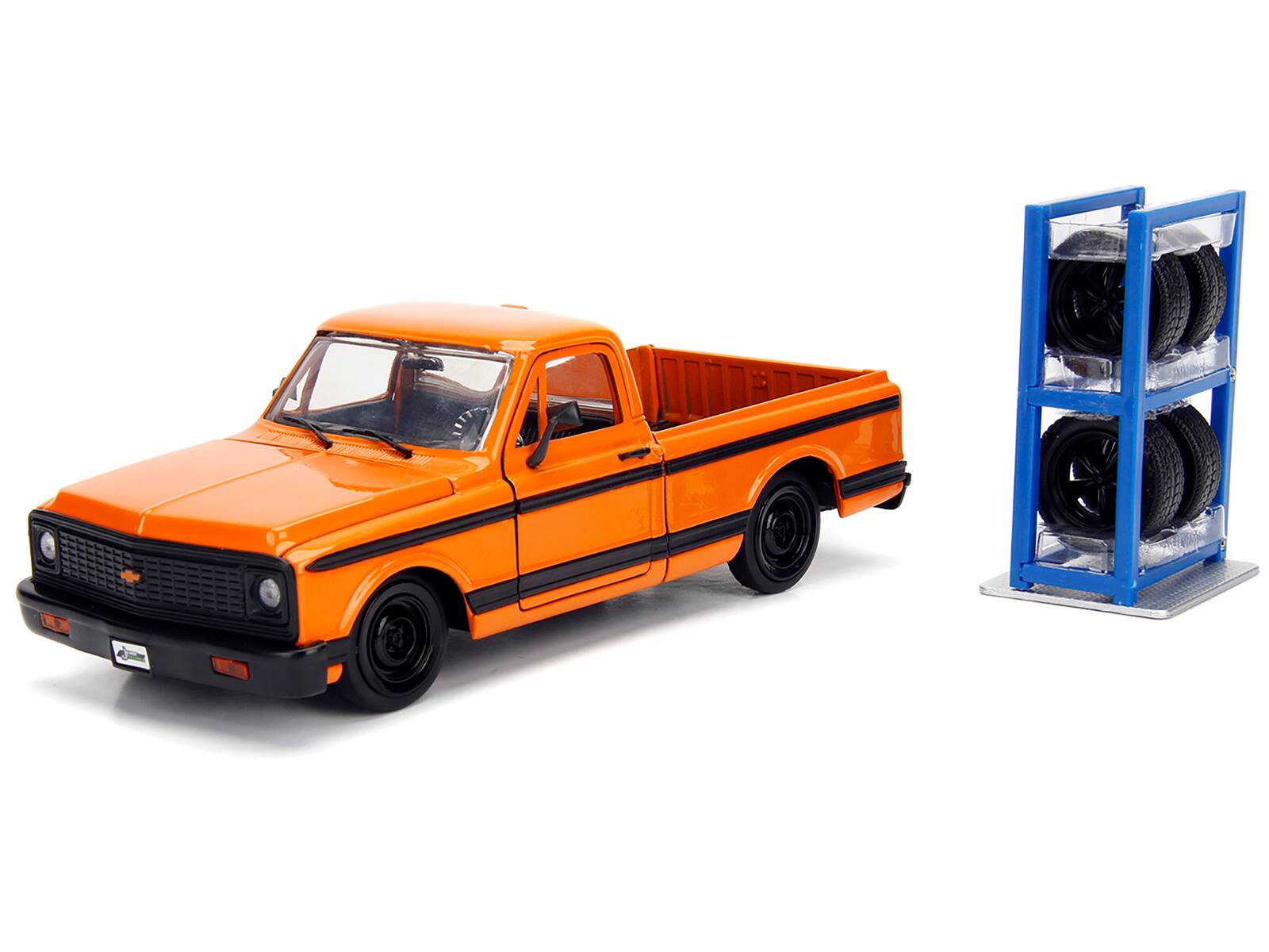 Angle. Jada - 1972 Chevrolet Cheyenne Pickup Truck Orange with Black Stripes and Extra Wheels "Just Trucks" Series 1/24 - Orange With Black.