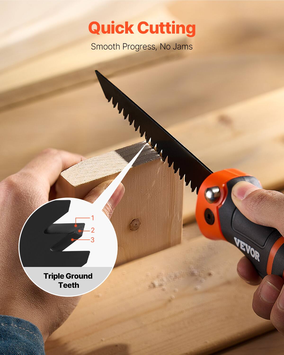 Quick Cutting  
Smooth Progress, No Jams  

1 2 3 Triple Ground Teeth  
VEVOR