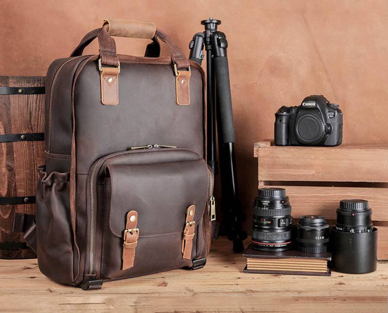 Alt View 2. Steel Horse Leather - The Gaetano | Large Leather Backpack Camera Bag - Dark Brown.