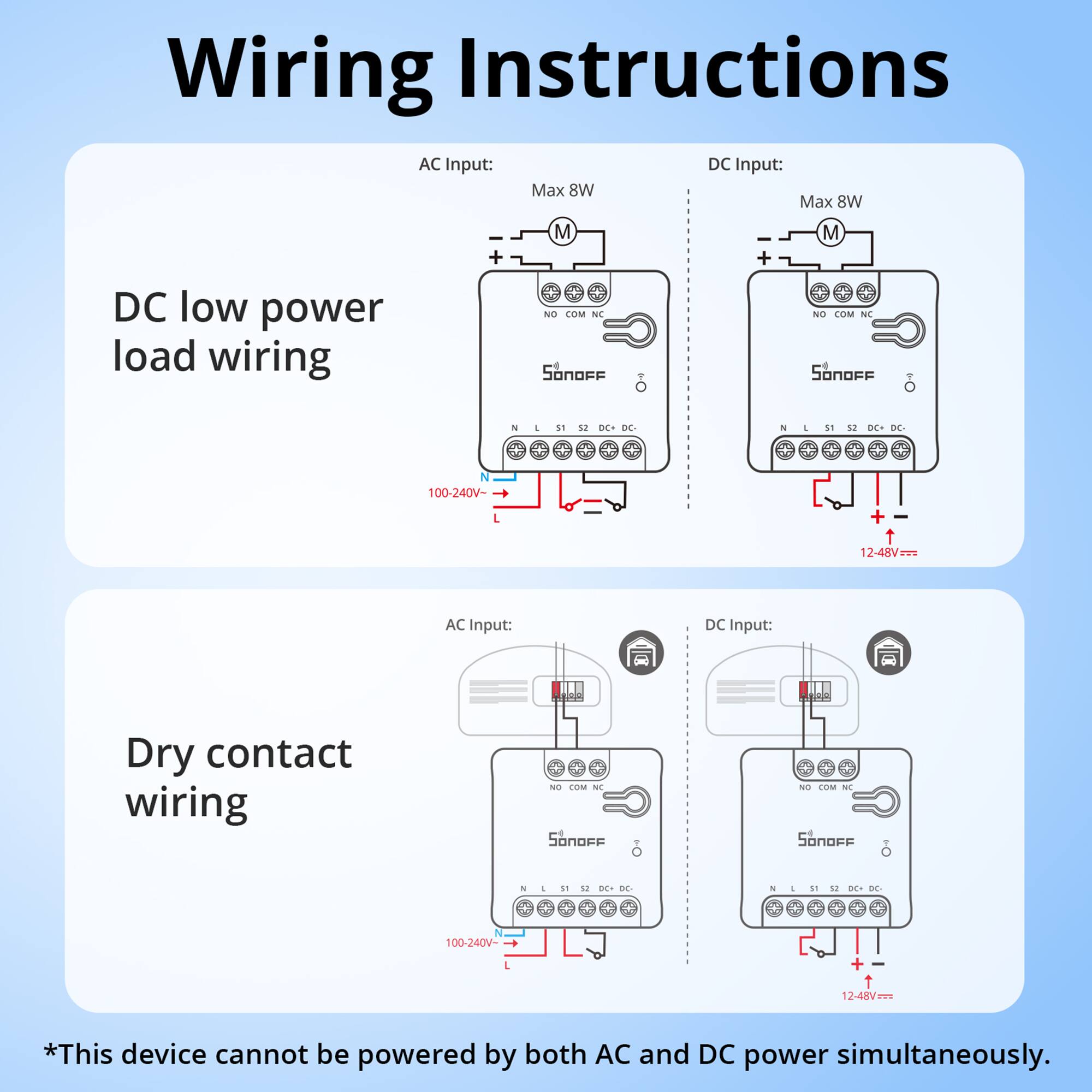 **Wiring Instructions**

**DC low power load wiring**

- **AC Input:**
  - Max 8W
  - 100-240V~
  - M
  - NO COM NC
  - SONOFF
  - S1
  - L1 L2
  - 51 52 DC_DC

- **DC Input:**
  - Max 8W
  - 12-48V
  - M
  - NO COM NC
  - SONOFF
  - N L1 S1 52 DC_DC

**Dry contact wiring**

- **AC Input:**
  - 100-240V~
  - M
  - NO COM NC
  - SONOFF
  - S1
  - L1 L2
  - 51 52 DC_DC

- **DC Input:**
  - 12-48V
  - M
  - NO COM NC
  - SONOFF
  - N L1 S1 52 DC_DC

*This device cannot be powered by both AC and DC power simultaneously.