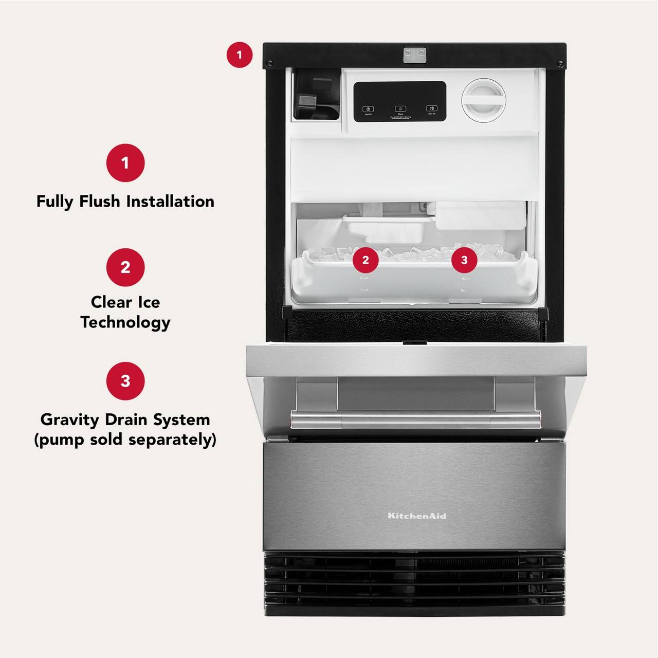 1. Fully Flush Installation
2. Clear Ice Technology
3. Gravity Drain System (pump sold separately)
KitchenAid