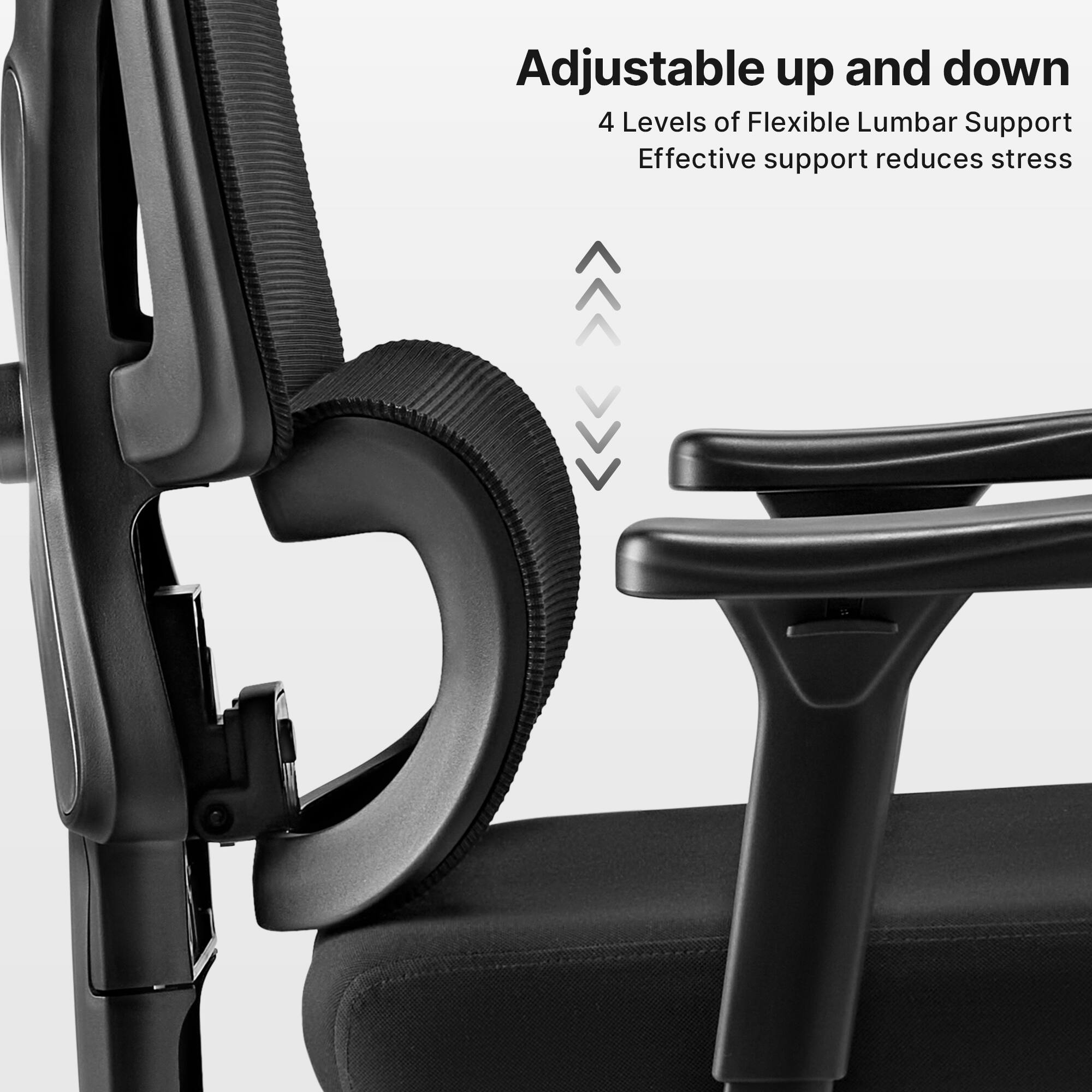 Adjustable up and down  
4 Levels of Flexible Lumbar Support  
Effective support reduces stress