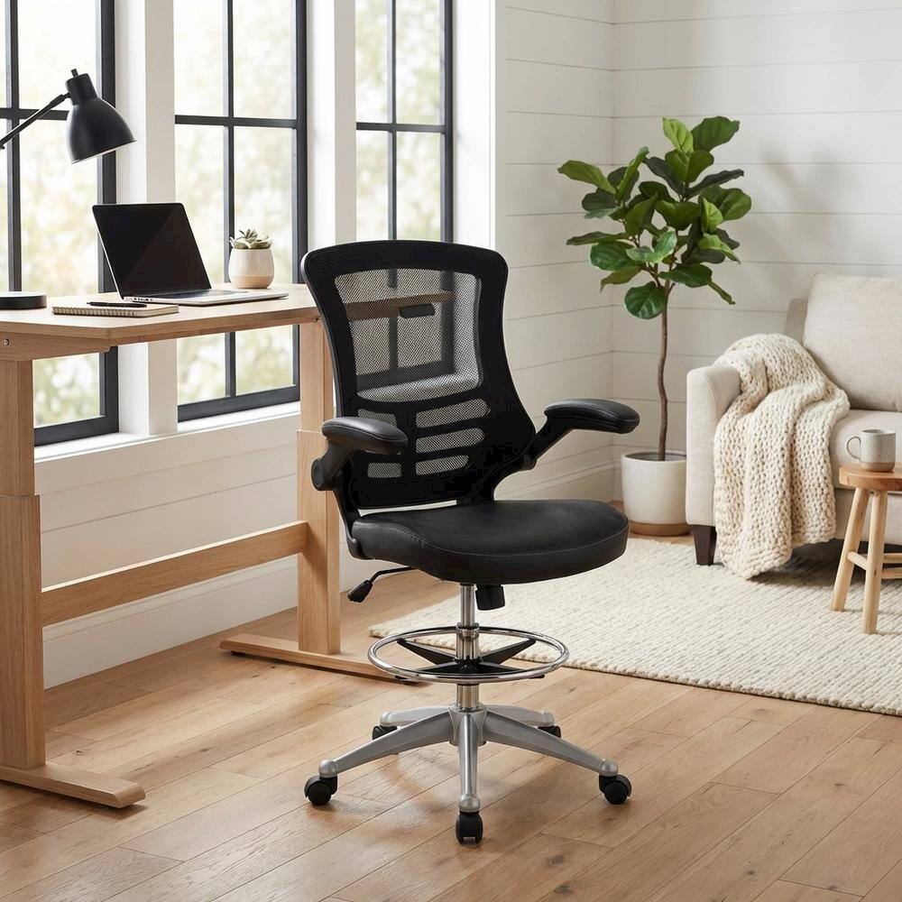 Back. FurniFact - Vinyl Drafting Chair with Armrests and Adjustable Height for Office Use - Black.