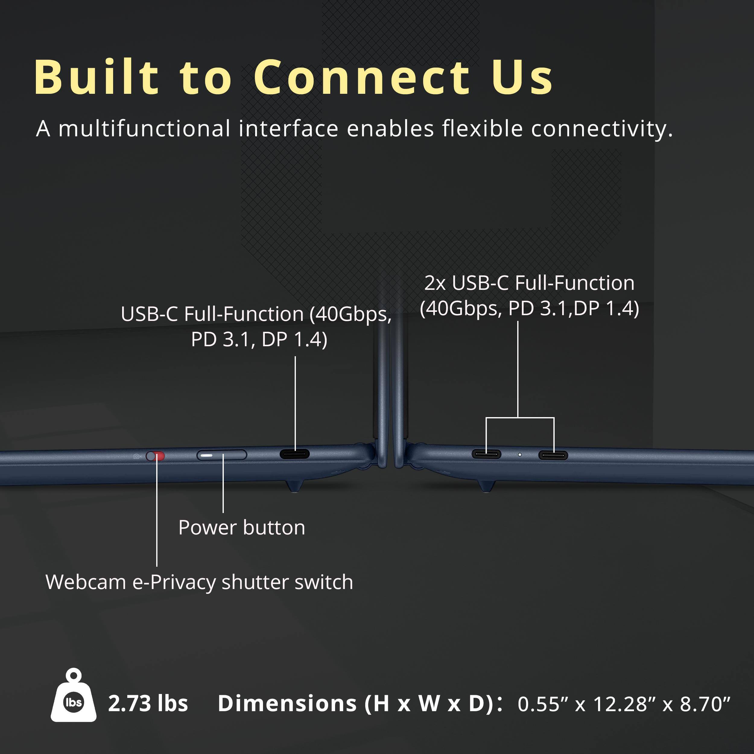 Built to Connect Us  
A multifunctional interface enables flexible connectivity.  

2x USB-C Full-Function (40Gbps, PD 3.1, DP 1.4)  
Power button  
Webcam e-Privacy shutter switch  

2.73 lbs  
Dimensions (H x W x D): 0.55" x 12.28" x 8.70"