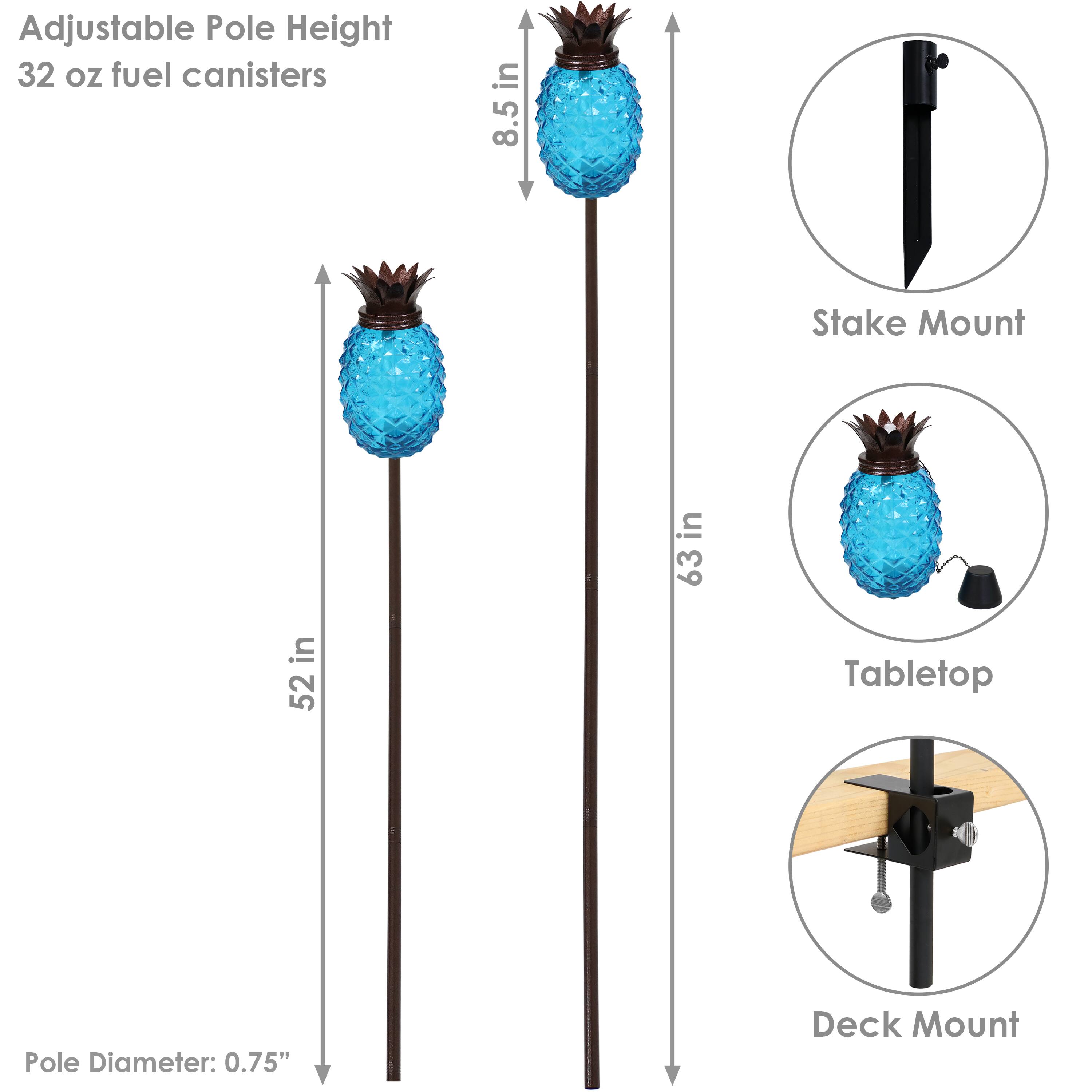 Adjustable Pole Height  
32 oz fuel canisters  

Pole Diameter: 0.75"  

Stake Mount  
Tabletop  
Deck Mount  

8.5 in  
63 in  
52 in