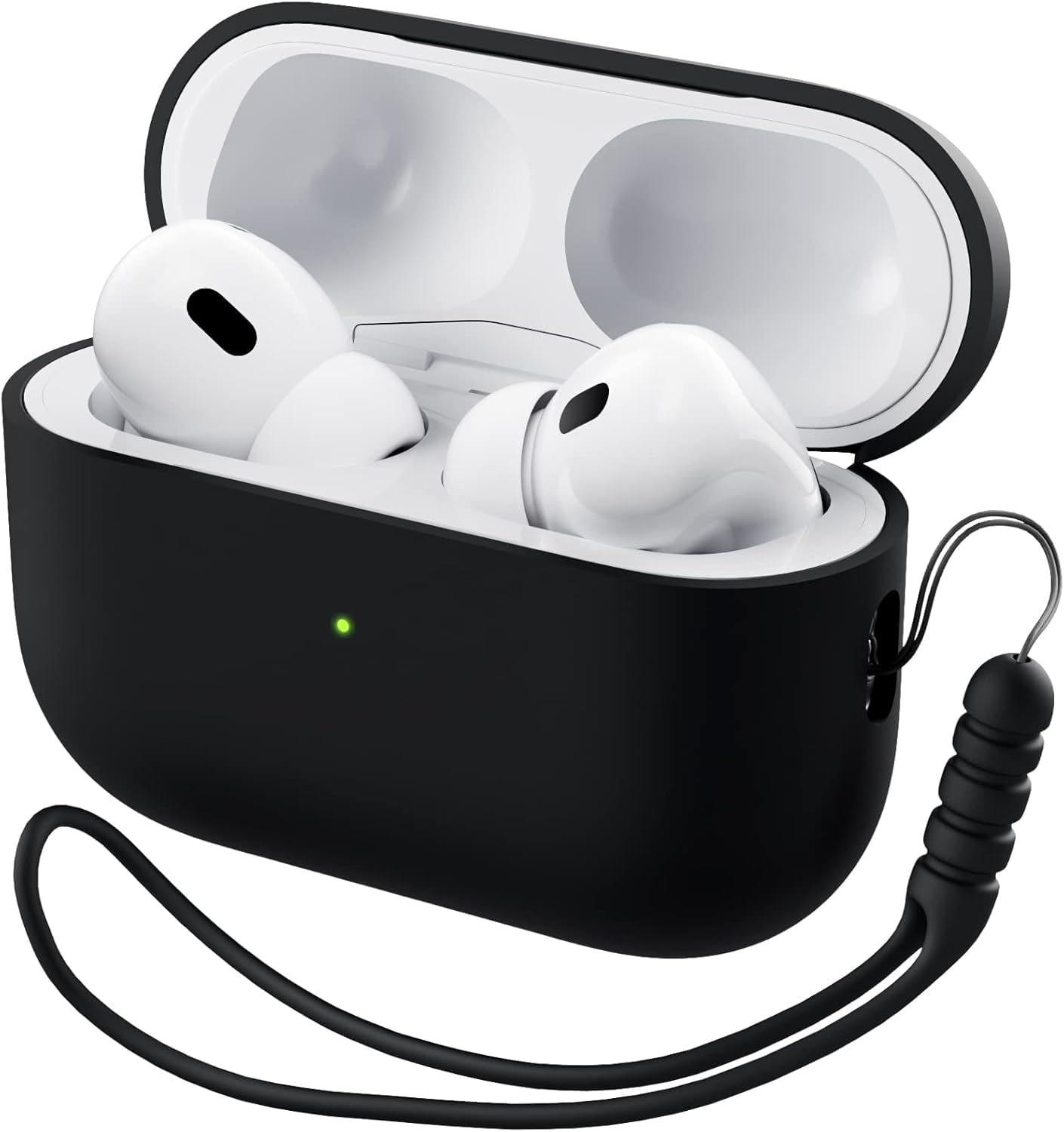 Front. Ornarto - ORNARTO for AirPods Pro 2 Case (2022), Protective Liquid Silicone Cover with Lanyard, Front LED Visible Case-Black - Black.