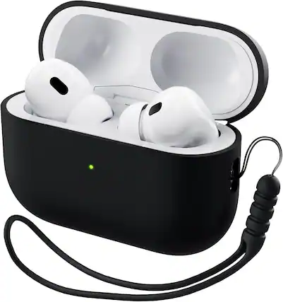 Front. Ornarto - ORNARTO for AirPods Pro 2 Case (2022), Protective Liquid Silicone Cover with Lanyard, Front LED Visible Case-Black - Black.