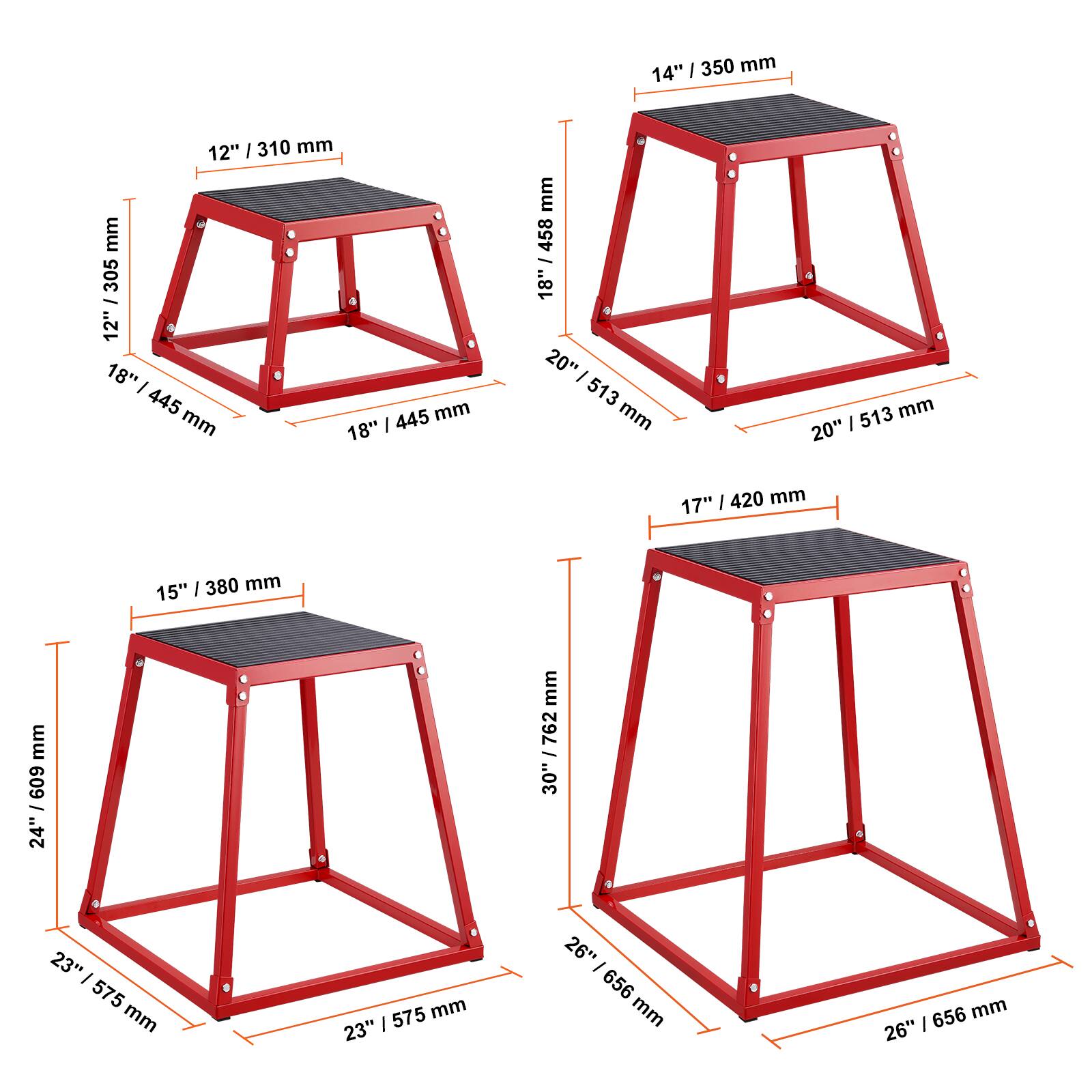 Here is the corrected and grouped text based on the image:

- 14" / 350 mm
- 12" / 305 mm
- 12" / 310 mm
- 18" / 458 mm
- 18" / 445 mm
- 20" / 513 mm
- 17" / 380 mm
- 15" / 380 mm
- 24" / 609 mm
- 23" / 575 mm
- 26" / 656 mm
- 30" / 762 mm

Each measurement represents the dimensions of the stools in inches and millimeters.