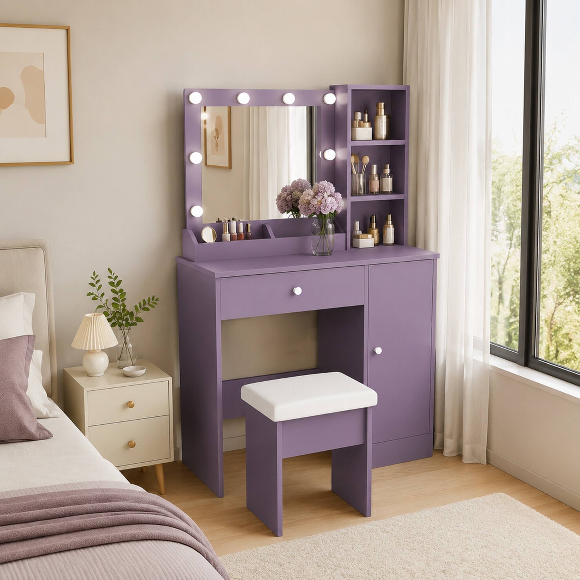 Back. RYHNUYNE - Purple Vanity Desk Set, Padded Stool, Lighted Mirror, 8 Bulbs, 3 Color Modes, MDF, Drawer and Storage Locker - Purple.