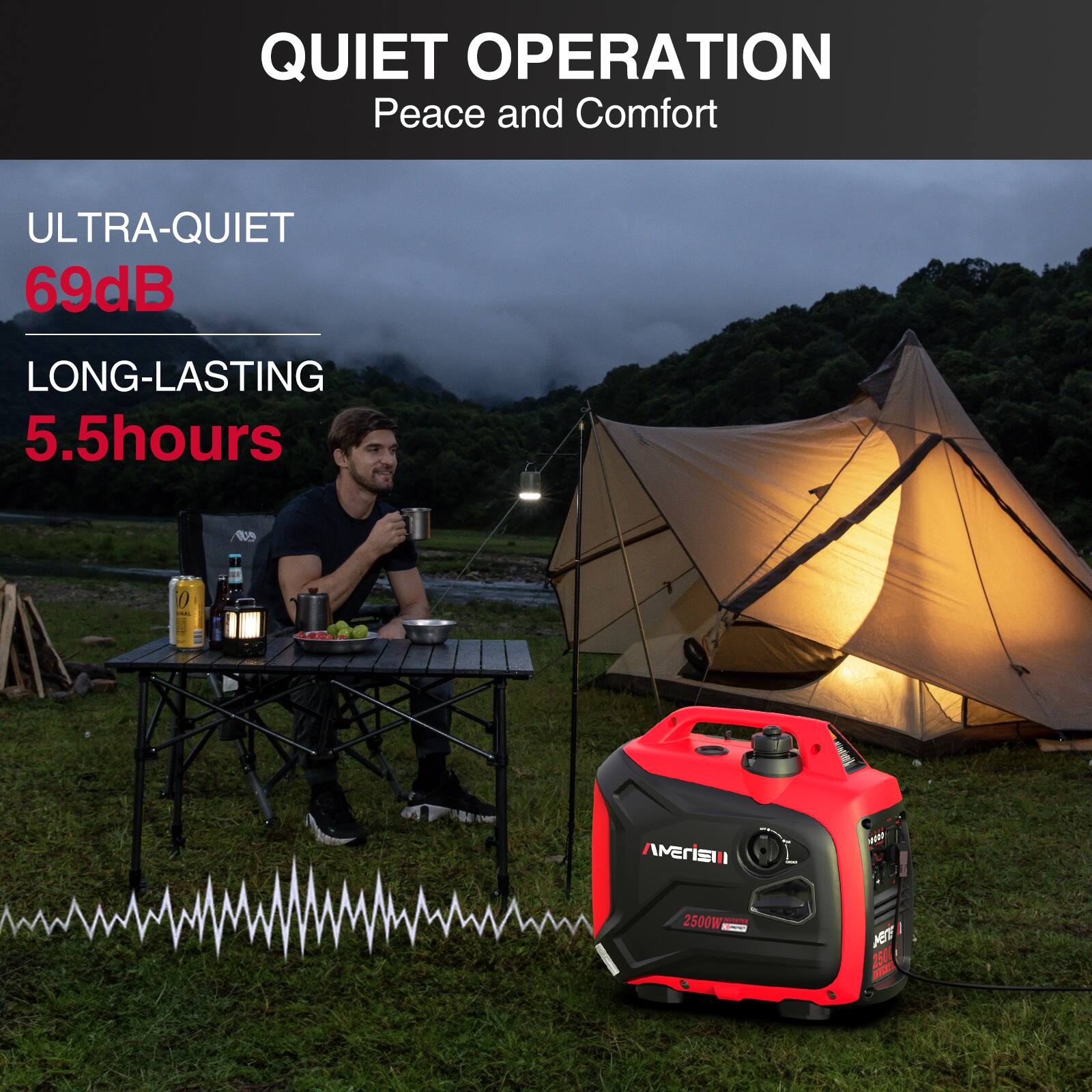 QUIET OPERATION  
Peace and Comfort  

ULTRA-QUIET  
69dB  

LONG-LASTING  
5.5 hours  

AMERISI WAP 2500W  
MET 250