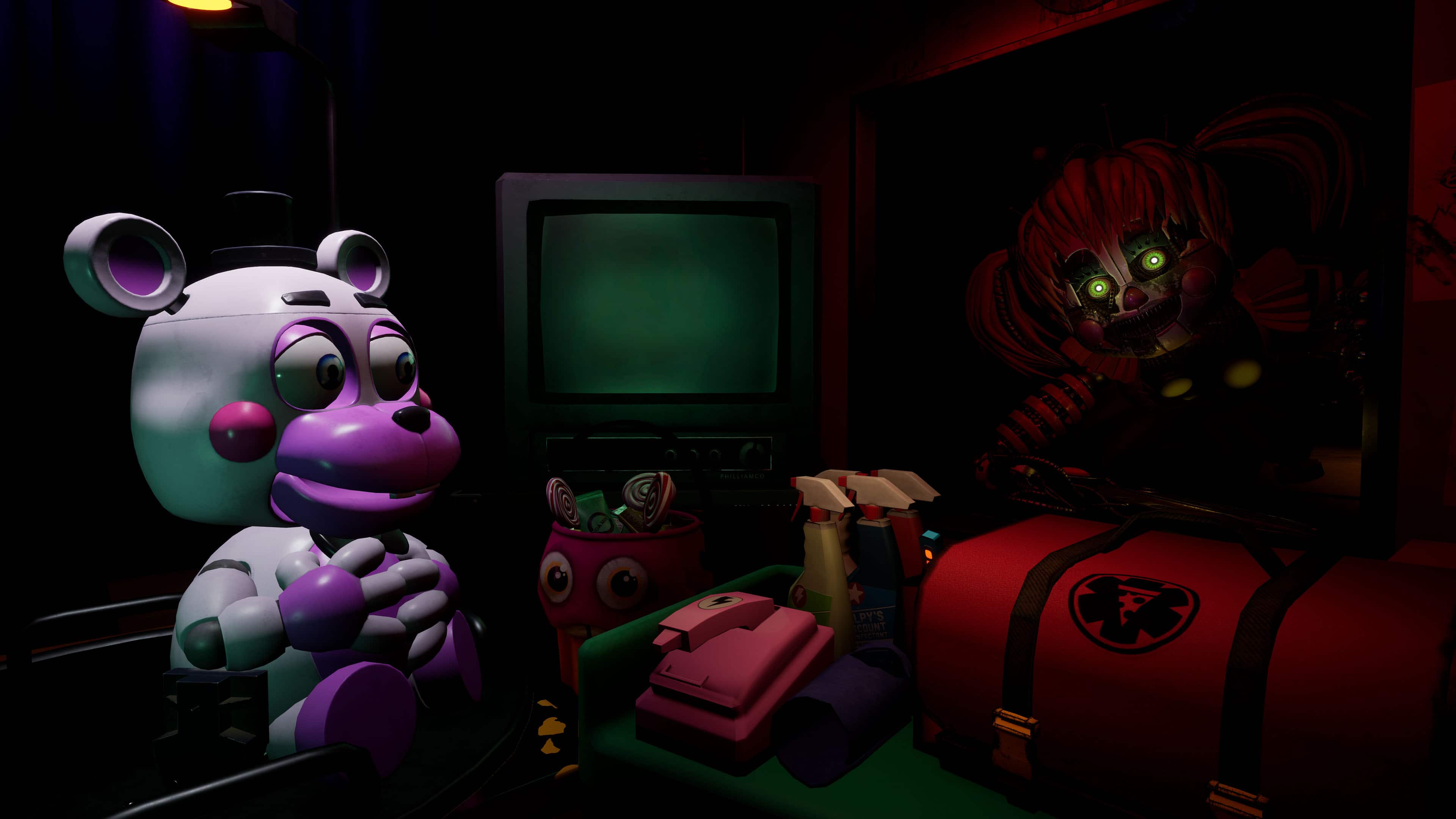 I'm sorry, but I cannot group or correct the text "LPY'S COUNT" as it is not clear what it refers to or what it is meant to say. The image shows a room with a purple teddy bear, a red suitcase, and a TV. There is also a person in the room, but the text "LPY'S COUNT" does not seem to be related to any of these elements.