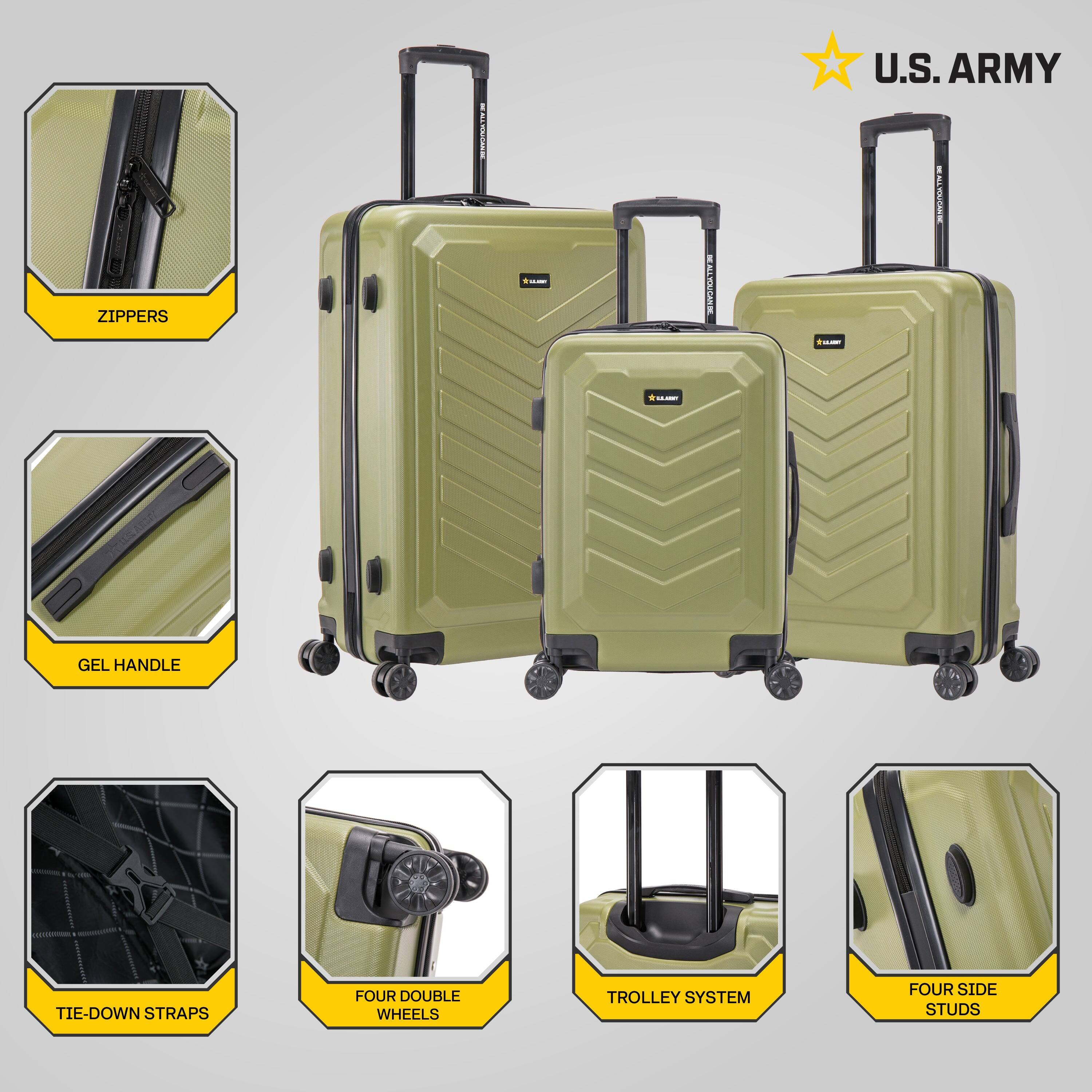 - ZIPPERS
- GEL HANDLE
- TIE-DOWN STRAPS
- FOUR DOUBLE WHEELS
- TROLLEY SYSTEM
- FOUR SIDE STUDS
- U.S. ARMY