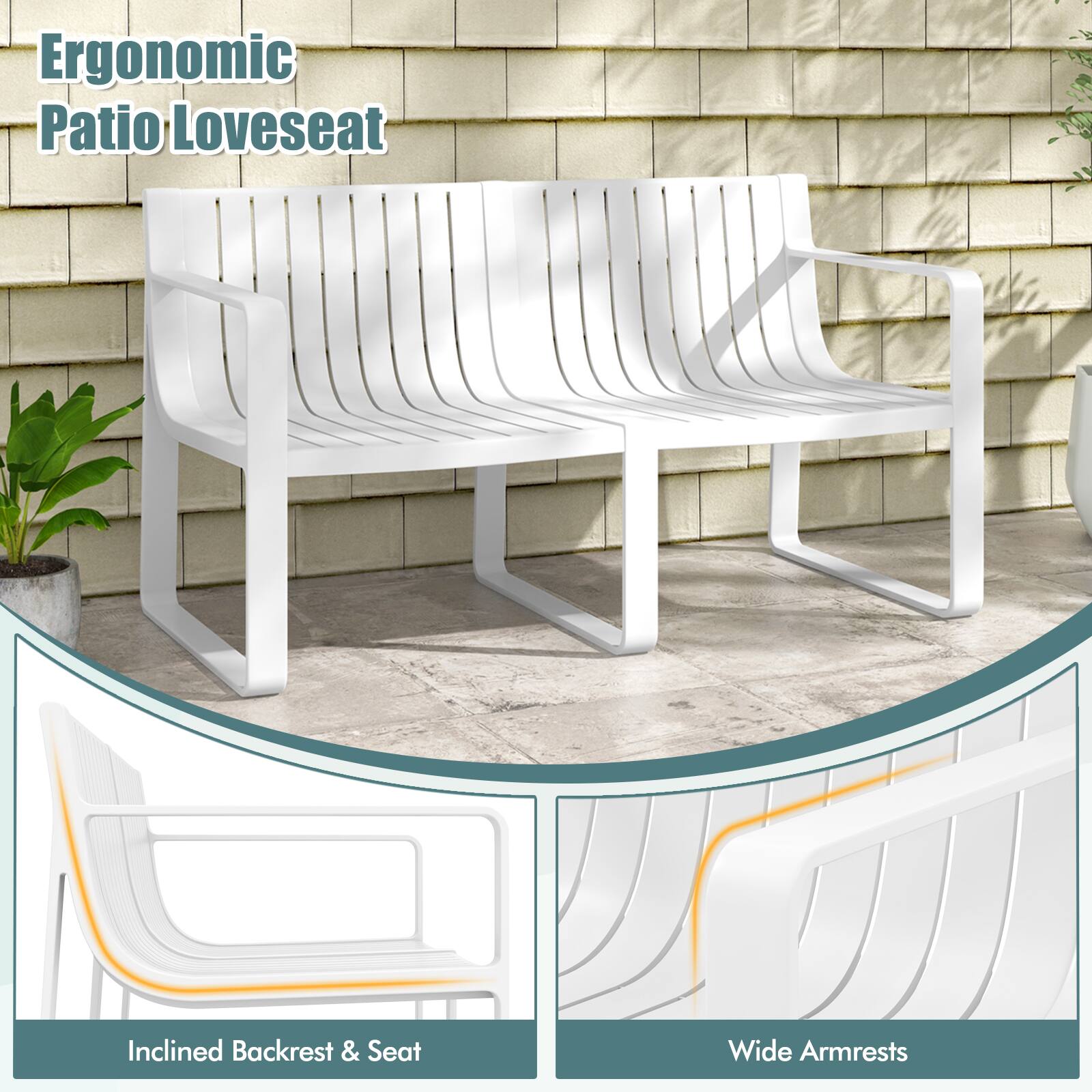 Ergonomic Patio Loveseat: Inclined Backrest & Seat, Wide Armrests