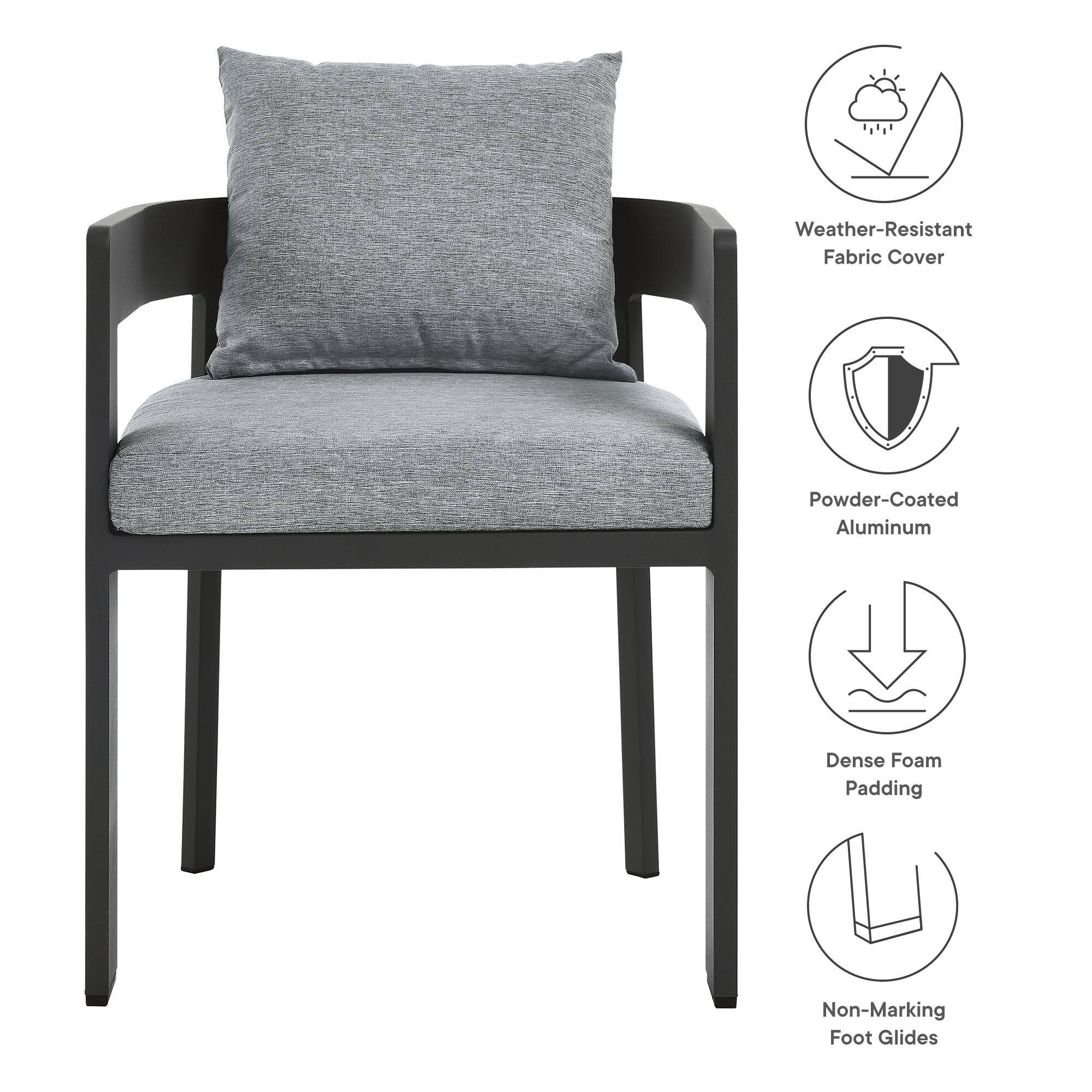 - Weather-Resistant Fabric Cover
- Powder-Coated Aluminum
- Dense Foam Padding
- Non-Marking Foot Glides