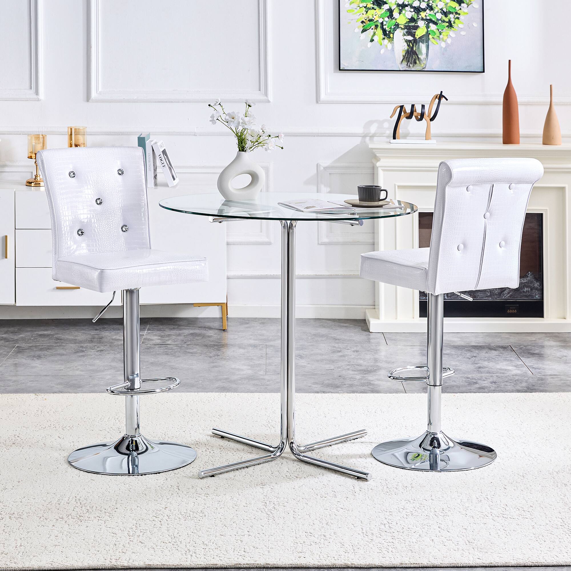 Left. Loheer - Vintage Crocodile Faux Leather Dining Chairs Set of 2 Crystal Tufted 1.8x1.4x4.1 ft - White.