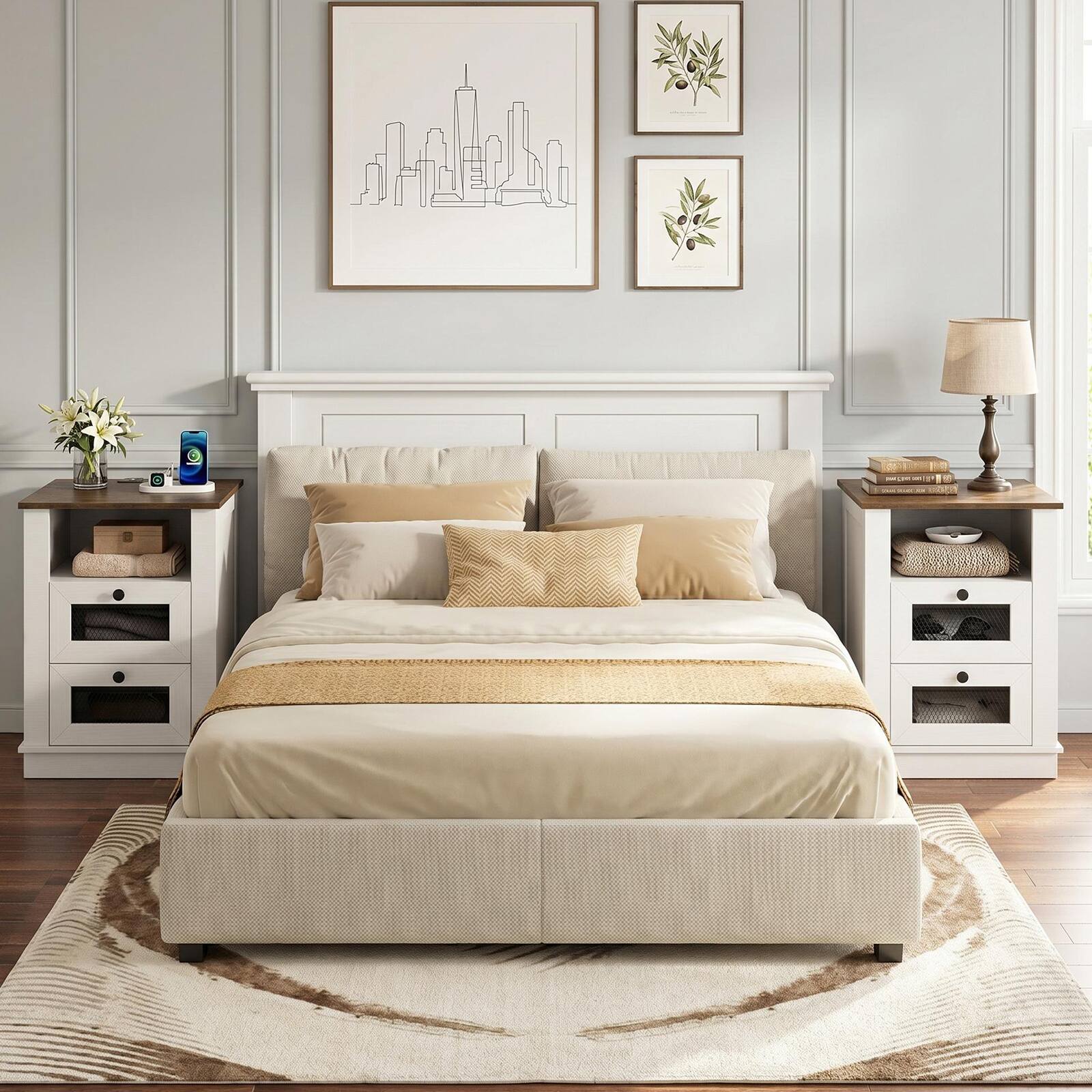 Alt View 4. Costway - Costway 2 PCS Nightstand with Charging Station, Night Stand with Storage Compartment, 2 Drawers - Rustic Brown, White.