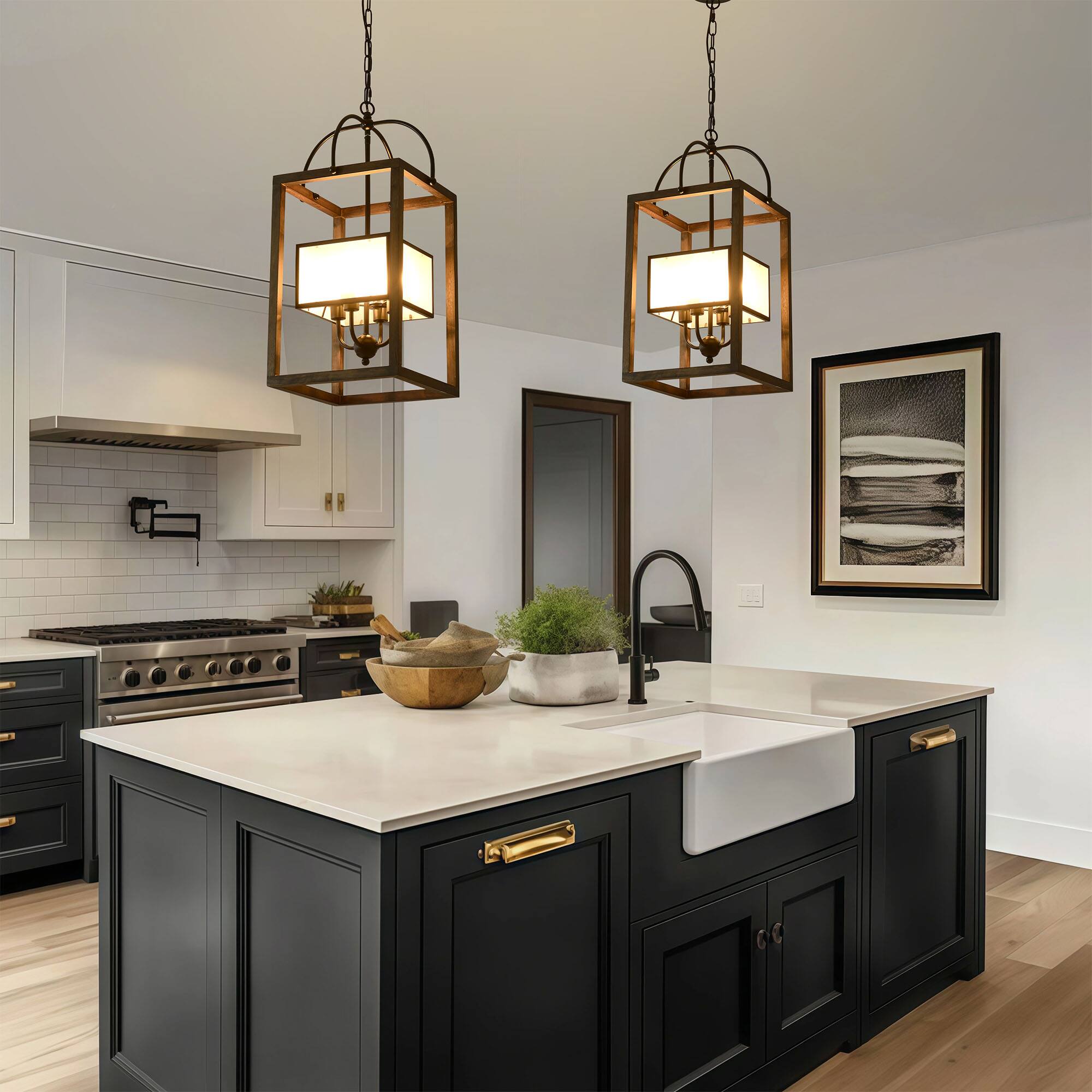 Left. RYHNUYNE - Farmhouse Wood Pendant Light, Square Lantern Chandelier for Kitchen Island Foyer, Adjustable Dimmable - Brown.