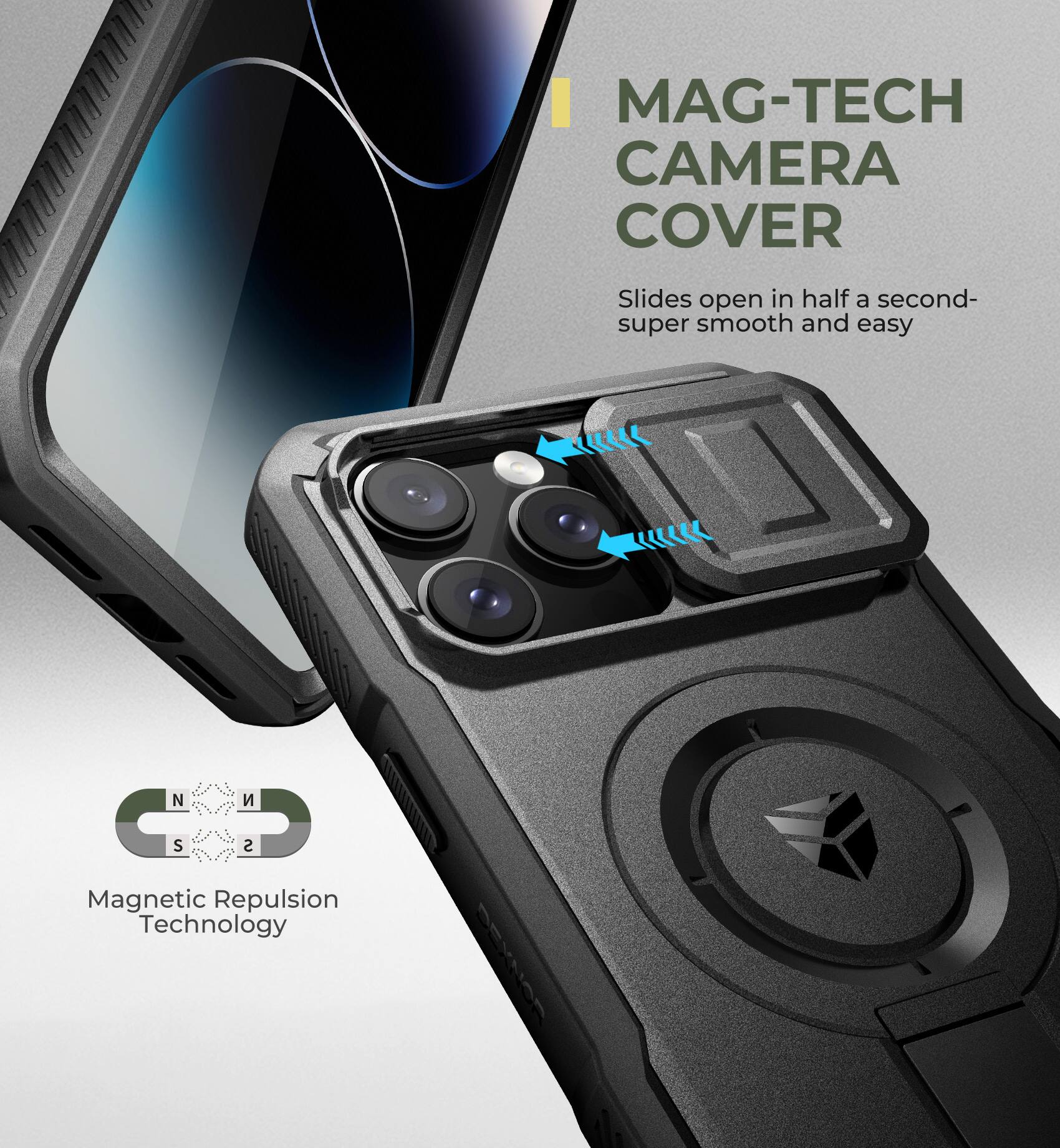 MAG-TECH CAMERA COVER Slides open in half a second- super smooth and easy Magnetic Repulsion Technology REVLAR