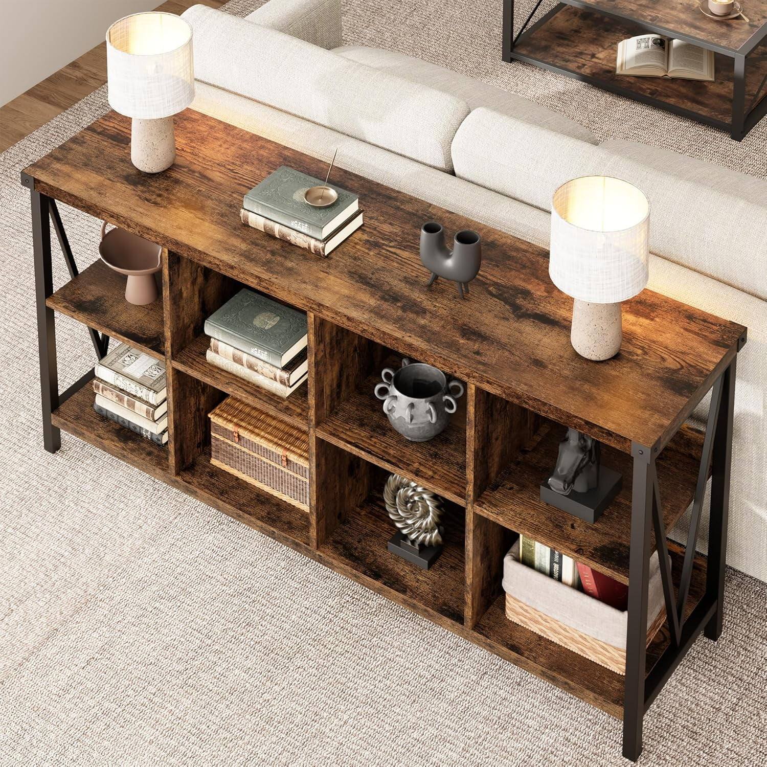 Left. Electrodes Masters - 62.2-Inch Console Table with 8 Cube Storage Organizer - 2-Tier Open Shelf, Brown - Brown.