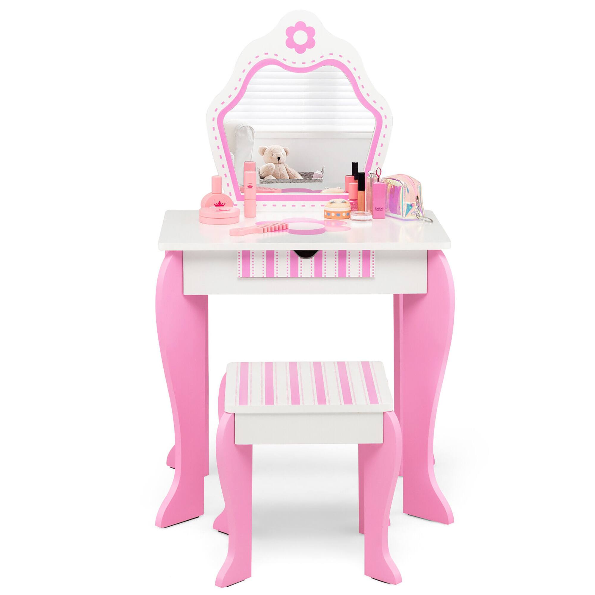 Alt View 9. Gymax - Gymax Kid Vanity Set Wooden Makeup Table Stool w/ Mirror Flower Print Pink & White - White.