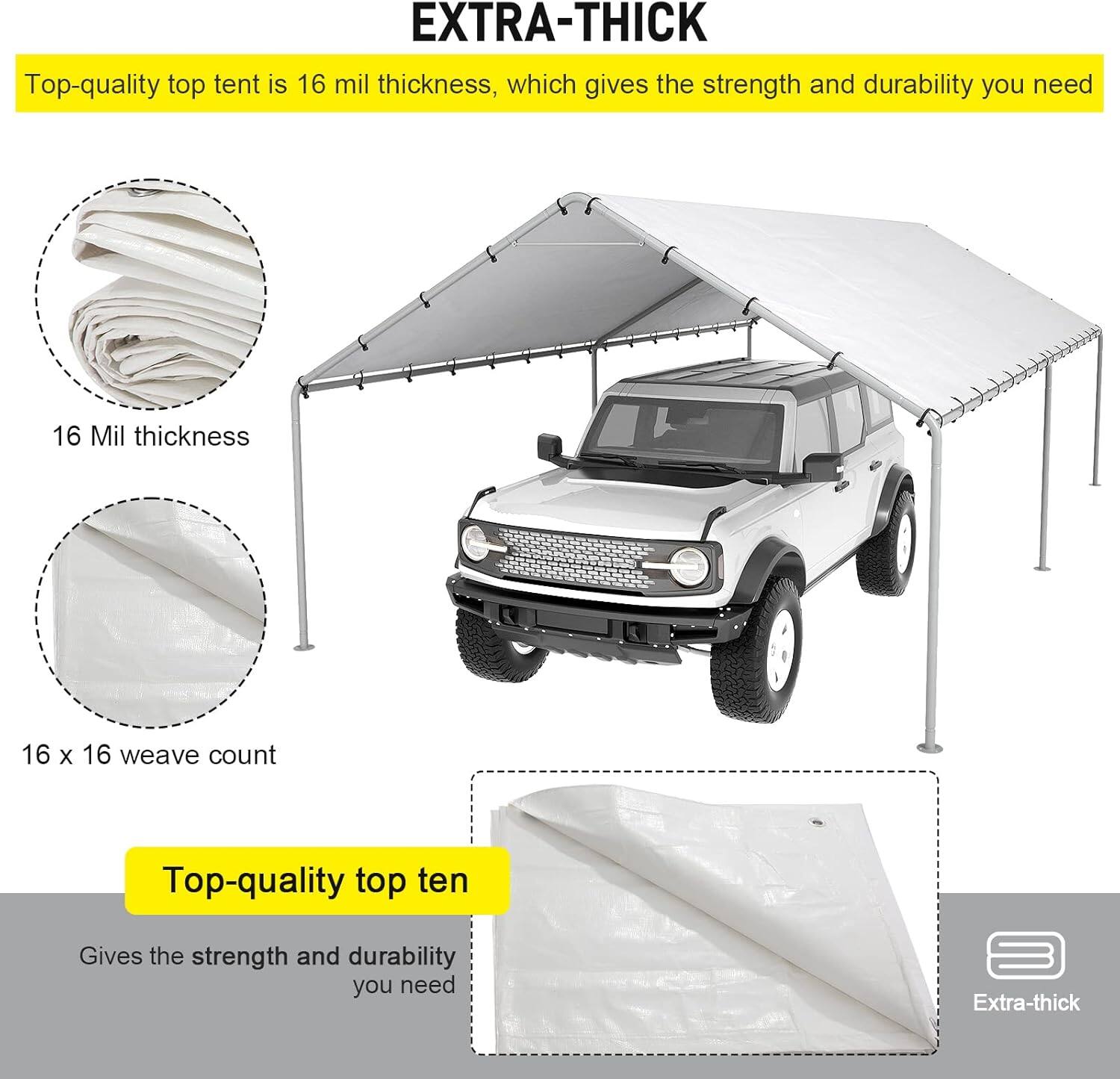 The text in the image can be grouped and corrected as follows:

**Extra-Thick**

- **Top-quality top tent is 16 mil thickness**, which gives the strength and durability you need.
- **16 Mil thickness**
- **16 x 16 weave count**
- **Top-quality top tent** gives the strength and durability you need.

This highlights the key features of the tent, emphasizing its thickness and weave count for durability.