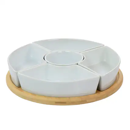 Front. Gibson - Gibson Elite Gracious Dining 6 Piece Tidbit Dish Set with Rotating Wood Base - White.