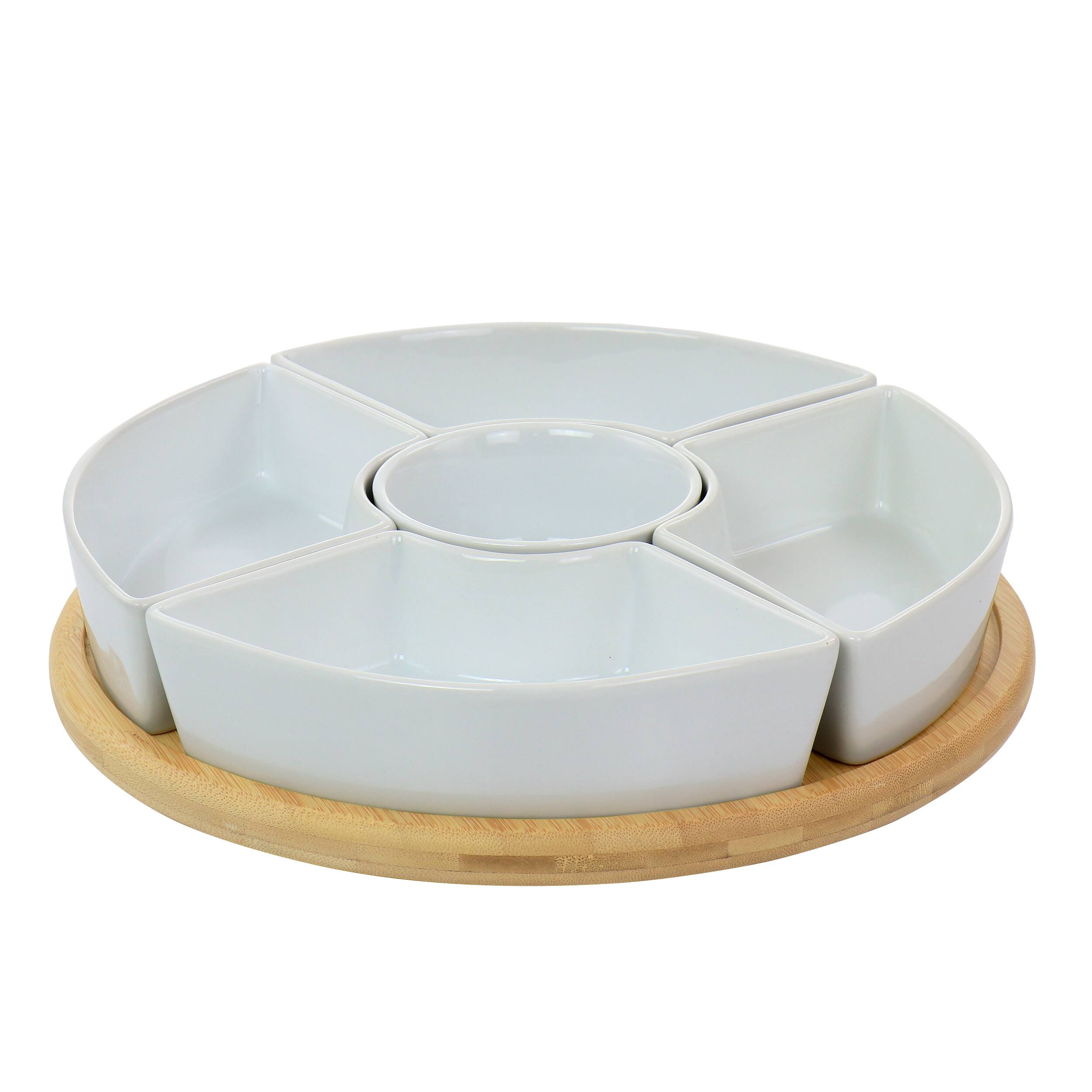 Front. Gibson - Gibson Elite Gracious Dining 6 Piece Tidbit Dish Set with Rotating Wood Base - White.