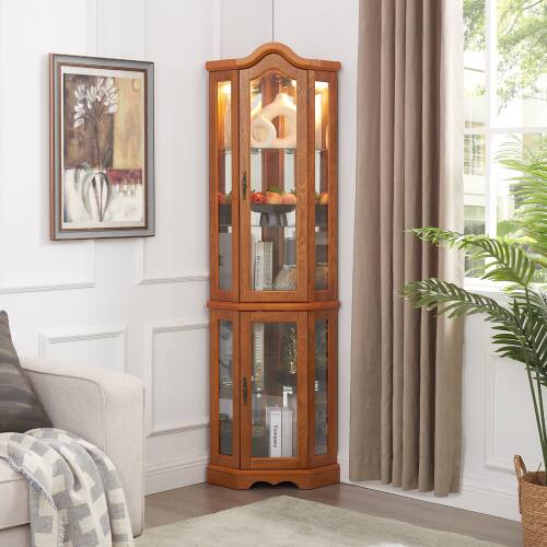Left. LUCKY ONE - Freestanding Corner Curio Cabinet with Tempered Glass Shelves LED Light Display for Collectibles - Oak.