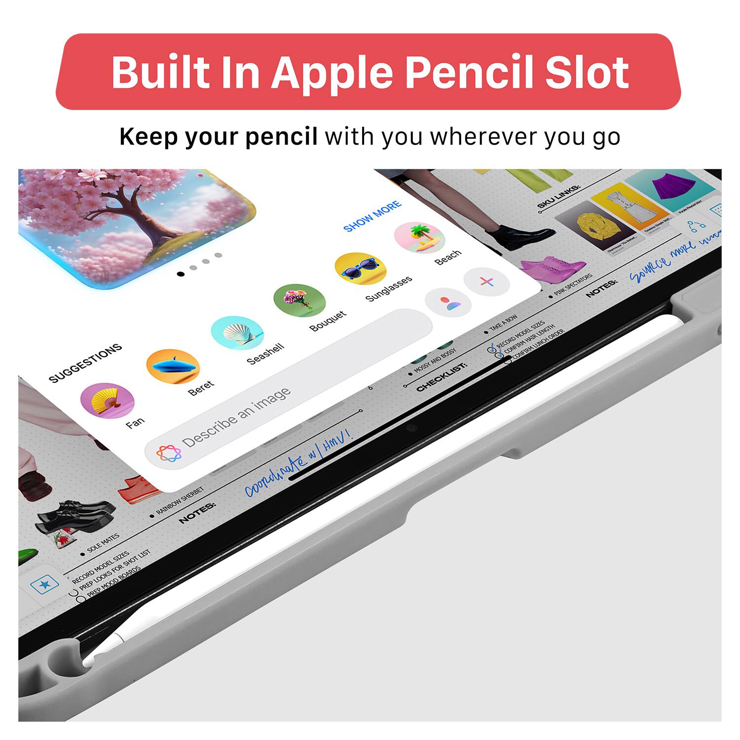 Built In Apple Pencil Slot  
Keep your pencil with you wherever you go

Suggestions  
- Seashell  
- Bouquet  
- Beach  
- Sunglasses  
- Beret  
- Fan  
- Describe an image  

Checklist  
- [ ] Record Model 3355  
- [ ] Record Model 3355  
- [ ] Record Model 3355  

Notes  
- [ ] Smile more often  
- [ ] Coach note: HMVI!