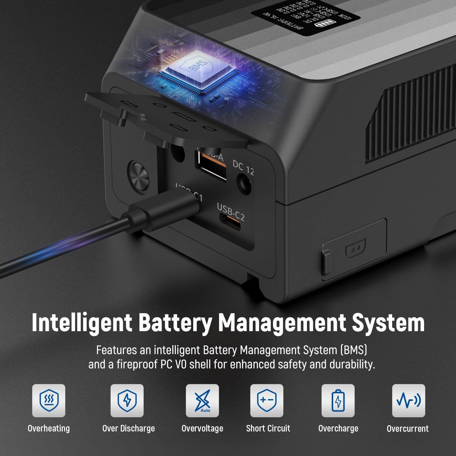 SO d d B 0 3  J RR  3830  BMS A- DC 12 USB-C2 Intelligent Battery Management System Features an intelligent Battery Management System (BMS) and a fireproof PC VO shell for enhanced safety and durability. + Auto Overheating Over Discharge Overvoltage Short Circuit Overcharge Overcurrent