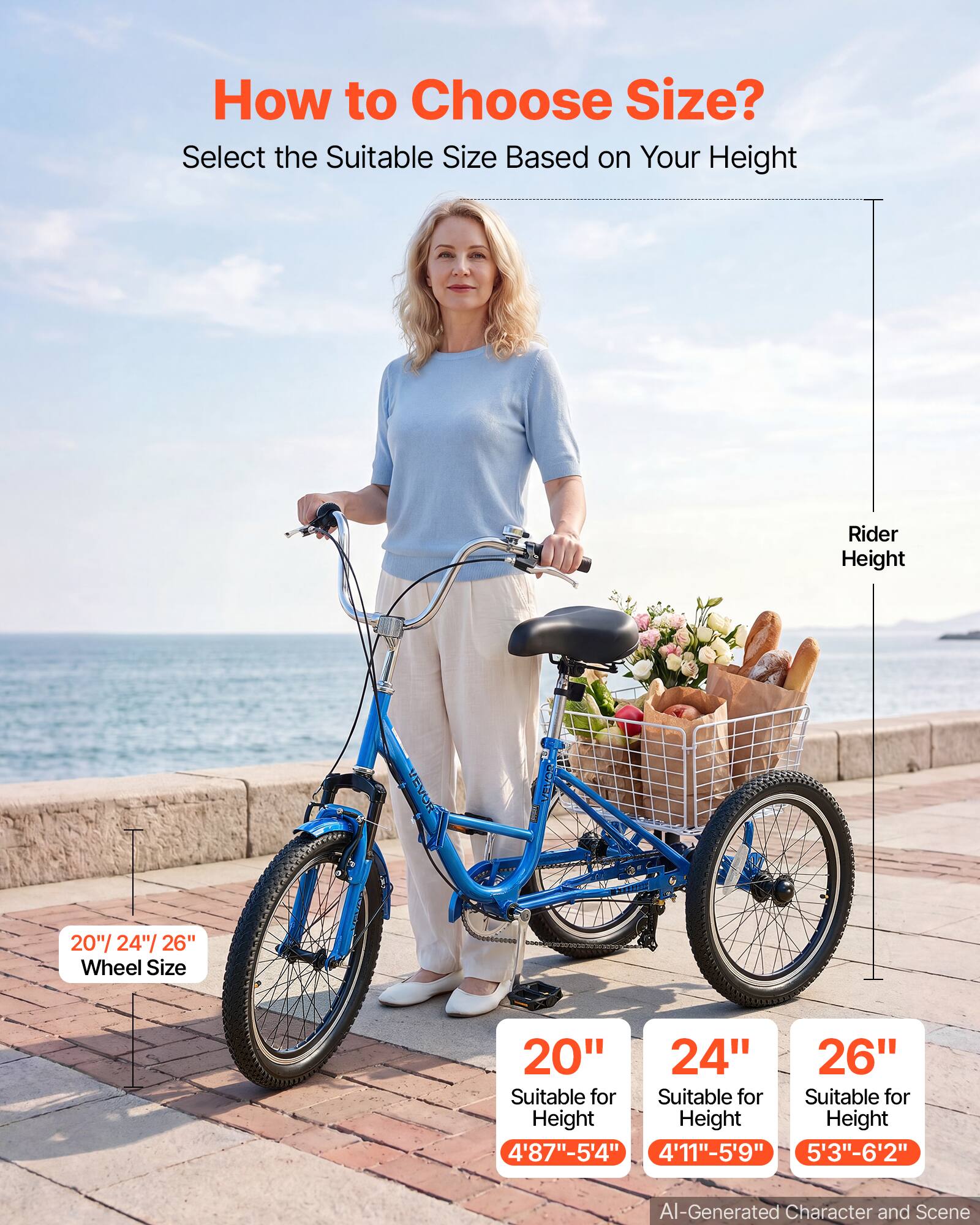 How to Choose Size?  
Select the Suitable Size Based on Your Height

Rider Height

20"/ 24"/ 26" Wheel Size

20"  
Suitable for Height 4'8"-5'4"

24"  
Suitable for Height 4'11"-5'9"

26"  
Suitable for Height 5'3"-6'2"

AI-Generated Character and Scene