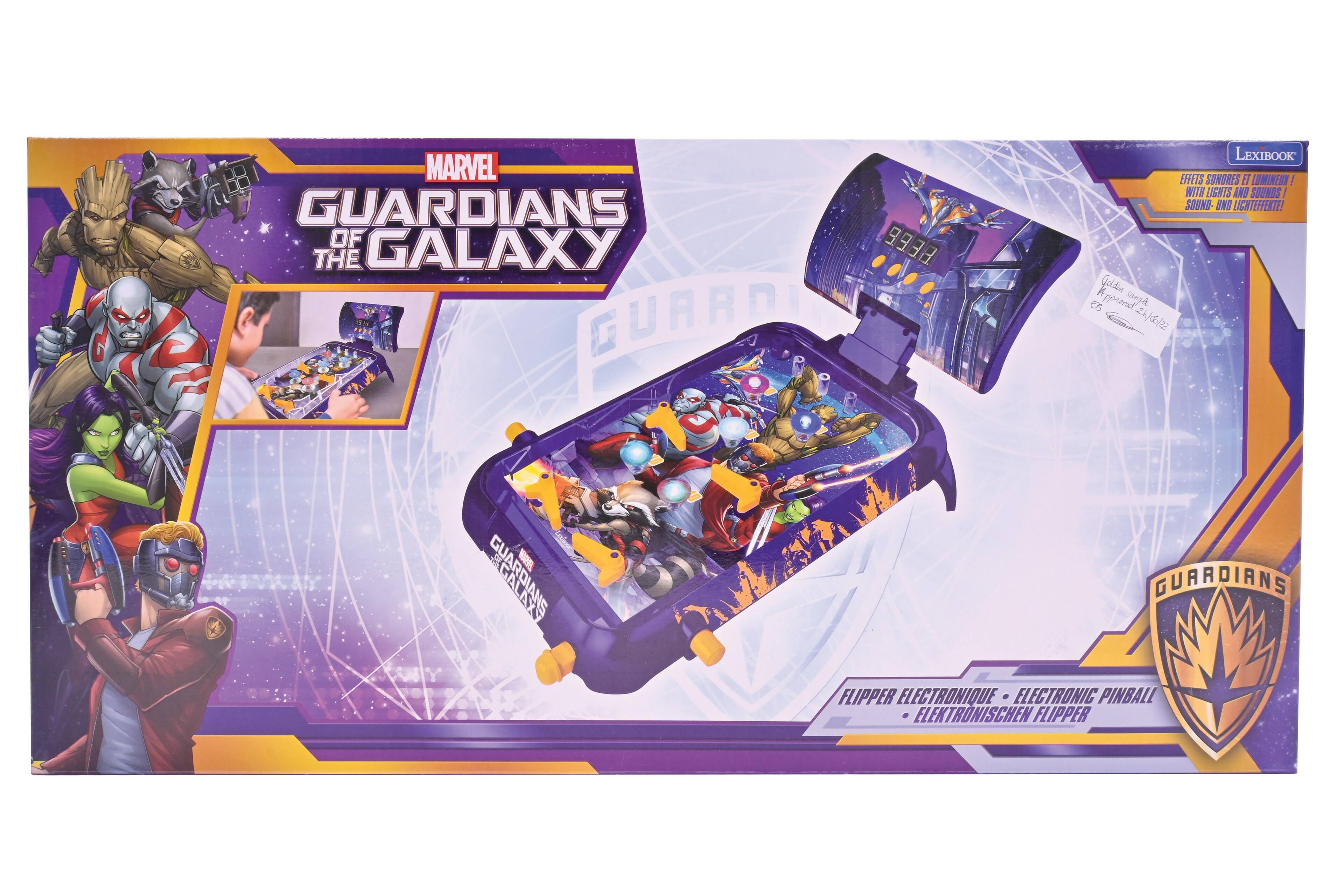 MARVEL GUARDIANS OF THE GALAXY

LEXIBOOK
EFFETS SONORES ET LUMINEUX! WITH LIGHTS AND SOUNDS! SOUND- UND LICHTEFFEKTE!

Golden canga EG Appanal2h/do/22

GUARDIANS
FLIPPER ELECTRONIQUE ELECTRONIC PINBALL ELEKTRONISCHEN FLIPPER