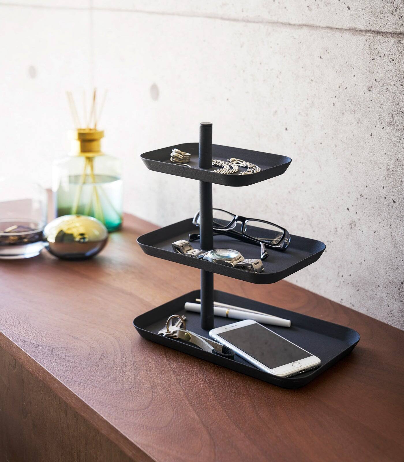 Angle. Yamazaki Home - Three-Tier Display Tray - Steel - Black.