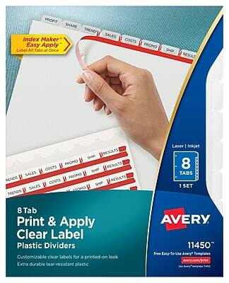 **Index Maker Easy Apply**  
Label All Tabs at Once

**8 Tab Print & Apply Clear Label Plastic Dividers**  
Customizable clear labels for a printed-on look  
Extra durable tear-resistant plastic

**Laser | Inkjet**  
8 Tabs  
1 Set

**Avery 11450**  
Free Easy-to-Use Avery Templates  
avery.com/print

**Profit Share Trend Sales**  
**Costs Promo**  
**Results**