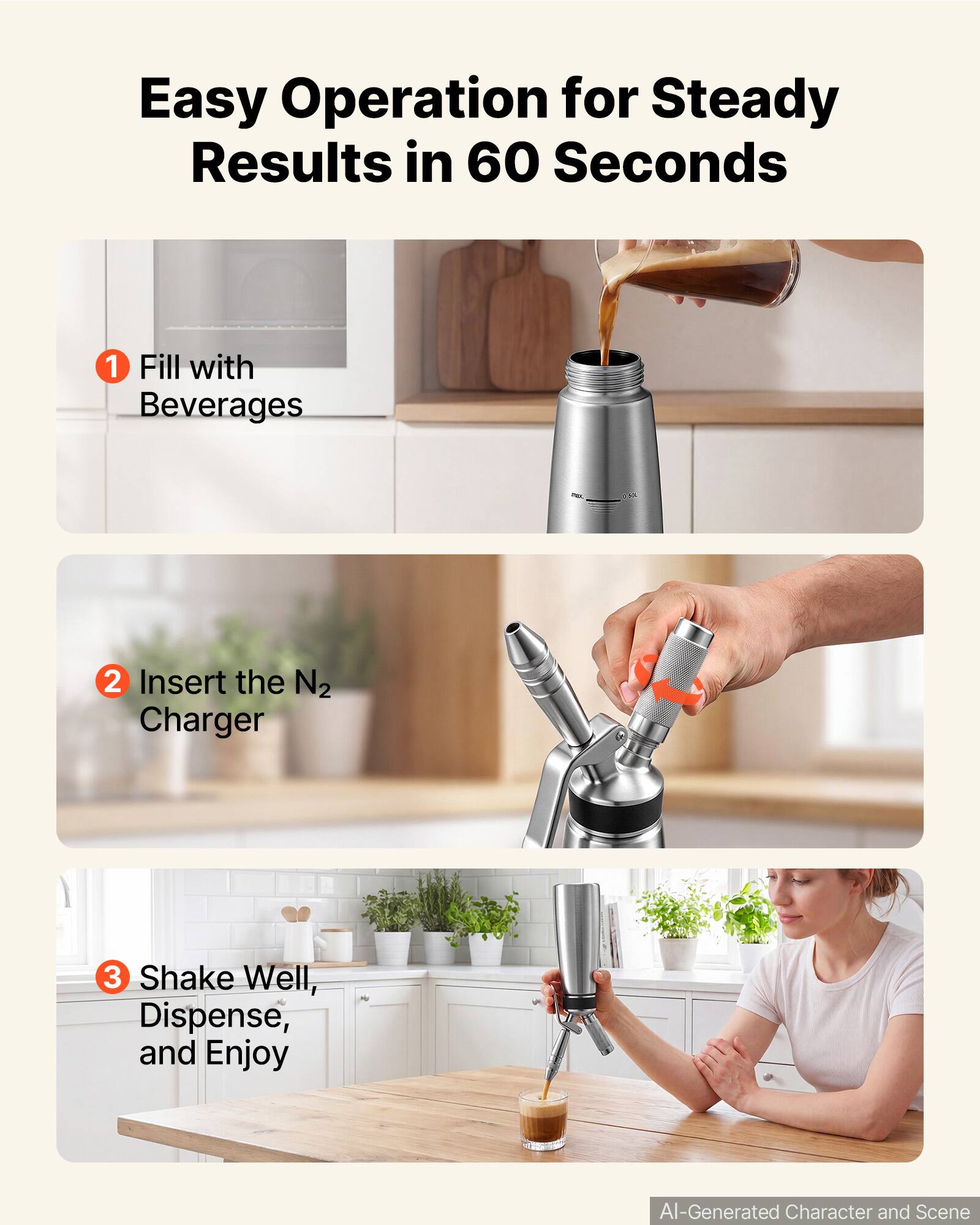 Easy Operation for Steady Results in 60 Seconds

1. Fill with Beverages
2. Insert the N2 Charger
3. Shake Well, Dispense, and Enjoy

AI-Generated Character and Scene