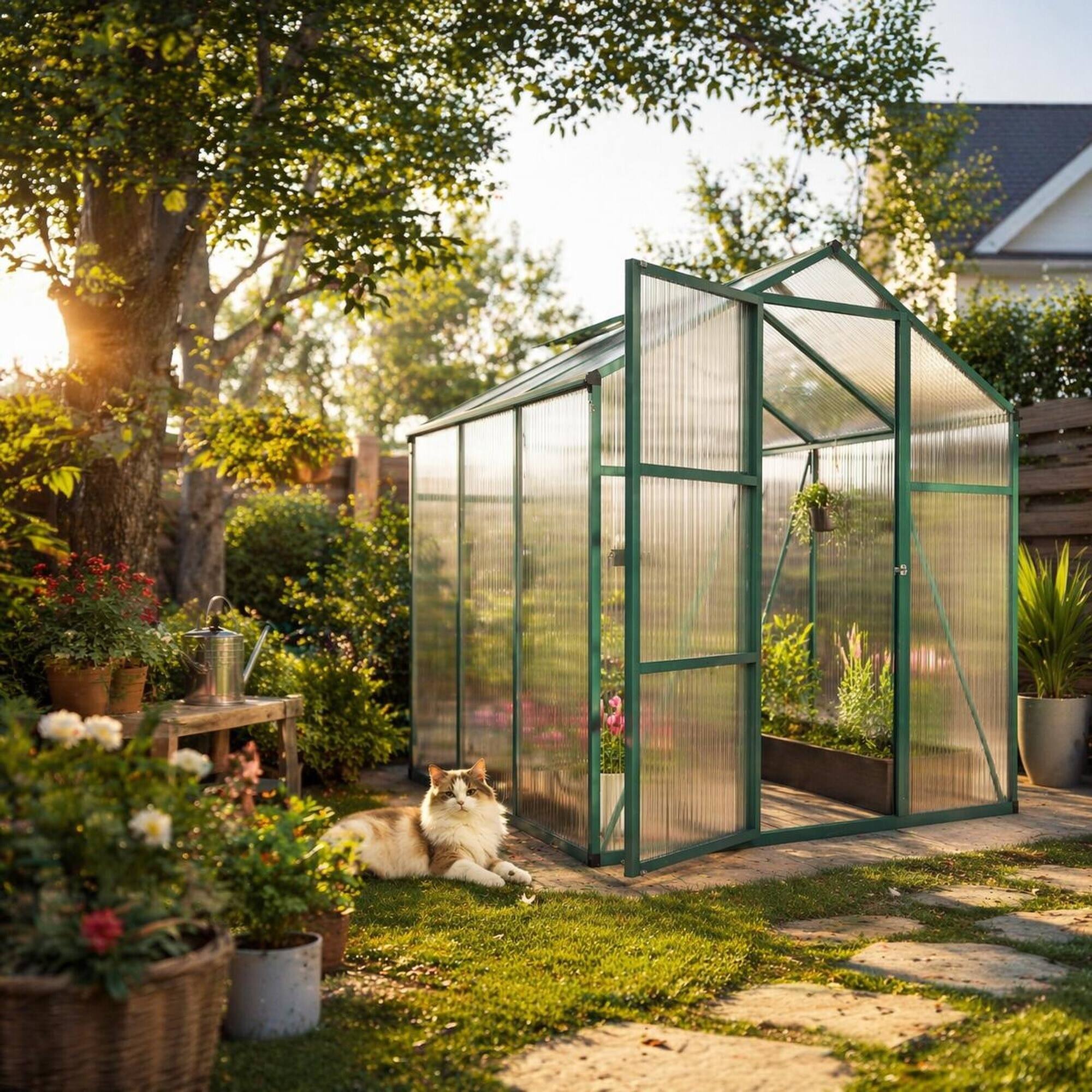 Back. RYHNUYNE - 6x6 ft Walk-in Greenhouse, Aluminum Frame, 4mm Polycarbonate Panels, Raised Base, Outdoor Backyard.