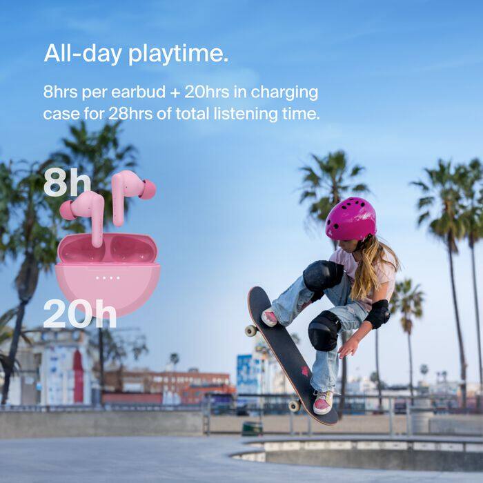 All-day playtime.  
8hrs per earbud + 20hrs in charging case for 28hrs of total listening time.  
8h  
20h