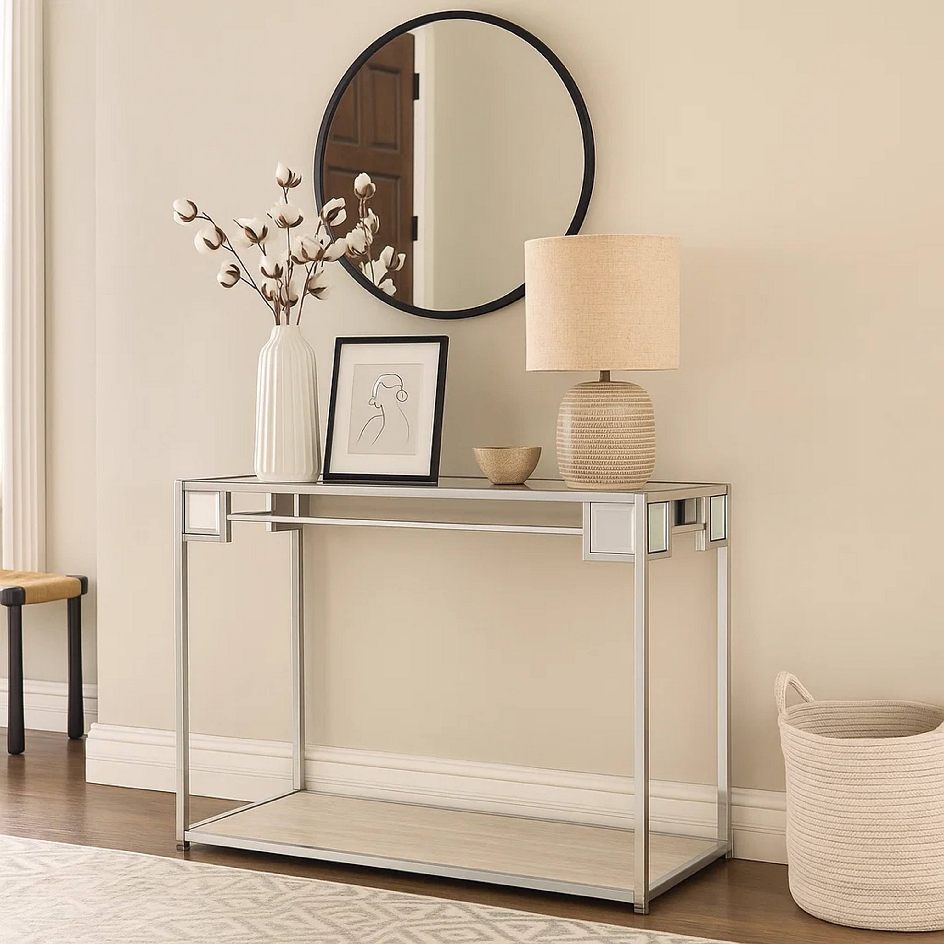 Alt View 6. Manhattan Lane - Mirror Top Metal Console Table with Wooden Open Bottom Shelf - Silver.