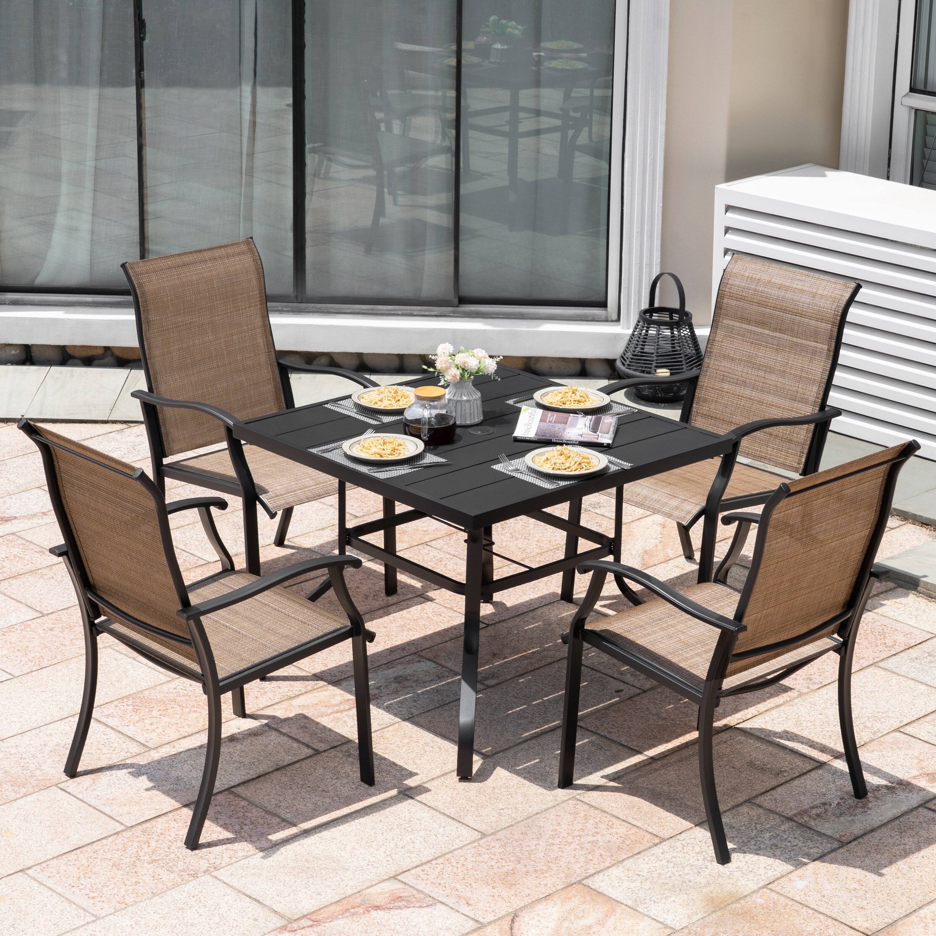 Left. Nuu Garden - Outdoor 5-Piece Iron Dining Set, 4 Textilene Dining Chairs and 37 Inch Square Dining Table with Umbrella Hole - Black and Brown.