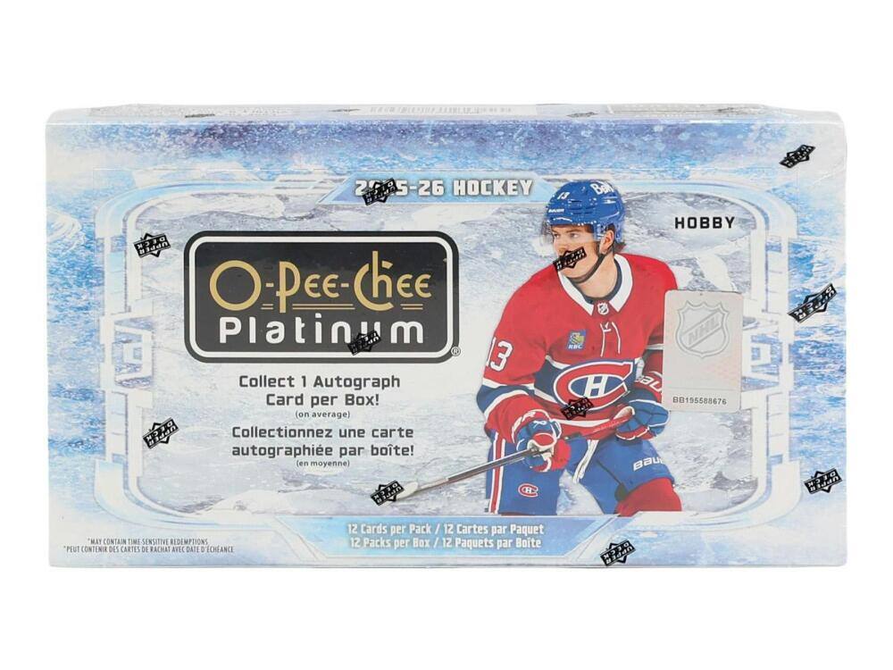 25 5-26 HOCKEY  
Bell  
UPPER O-Pee-Chee Platinum  
3 Collect 1 Autograph Card per Box! (on average)  
Collectionnez une carte autographie par boîte! (en moyenne)  
HOBBY NHL au 8B195588676 BAU  
330  
"MAY CONTAIN TIME-SENSITIVE REDEMPTIONS PEUT CONTENIR DES CARTES DE RACHAT AVEC DATE D'ÉCHEANCE  
12 Cards per Pack / 12 Cartes par Paquet  
12 Packs per Box / 12 Paquets par Boîte